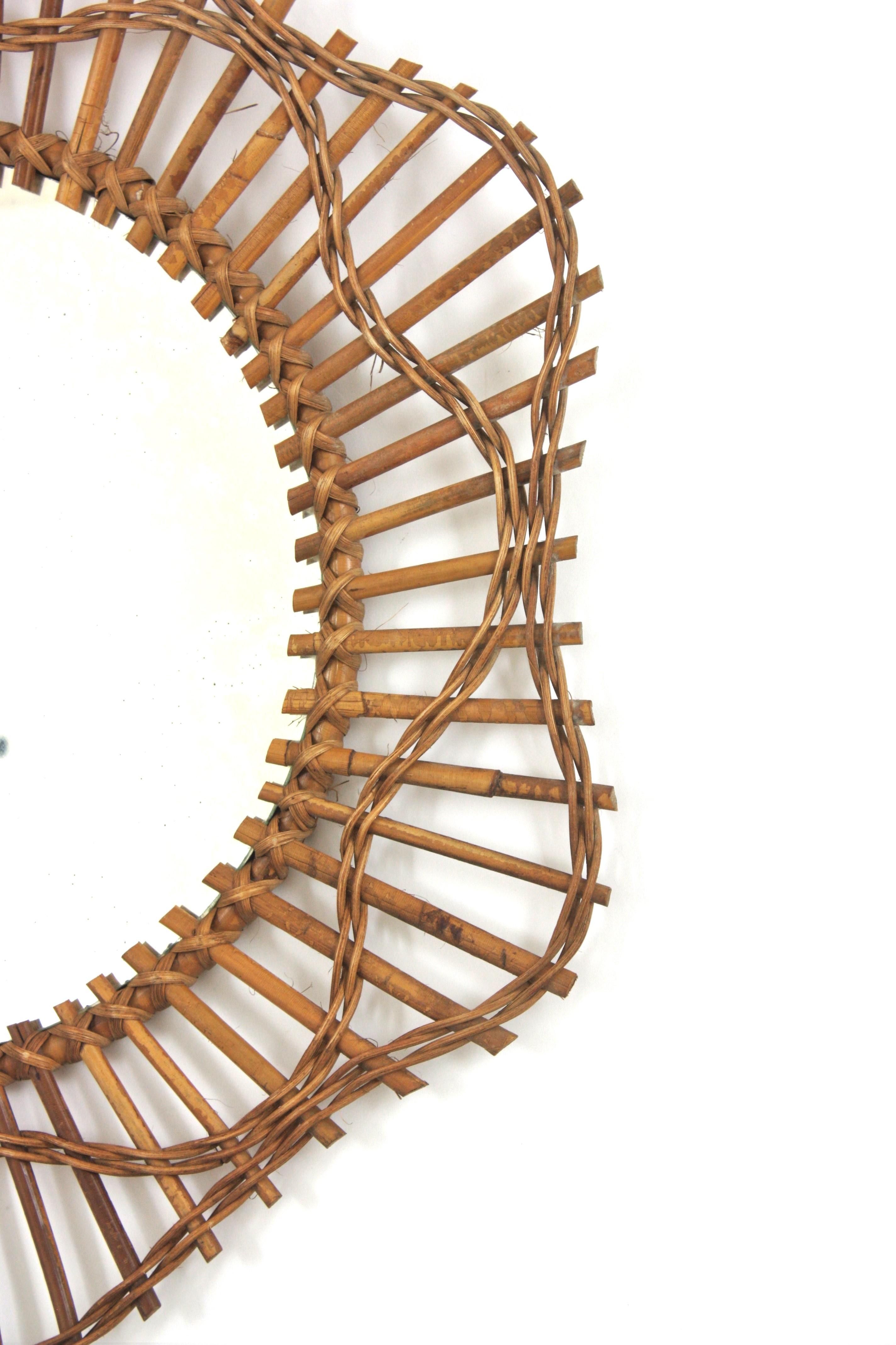 French Riviera Flower Shaped Wall Mirror in Rattan, 1950s For Sale 3