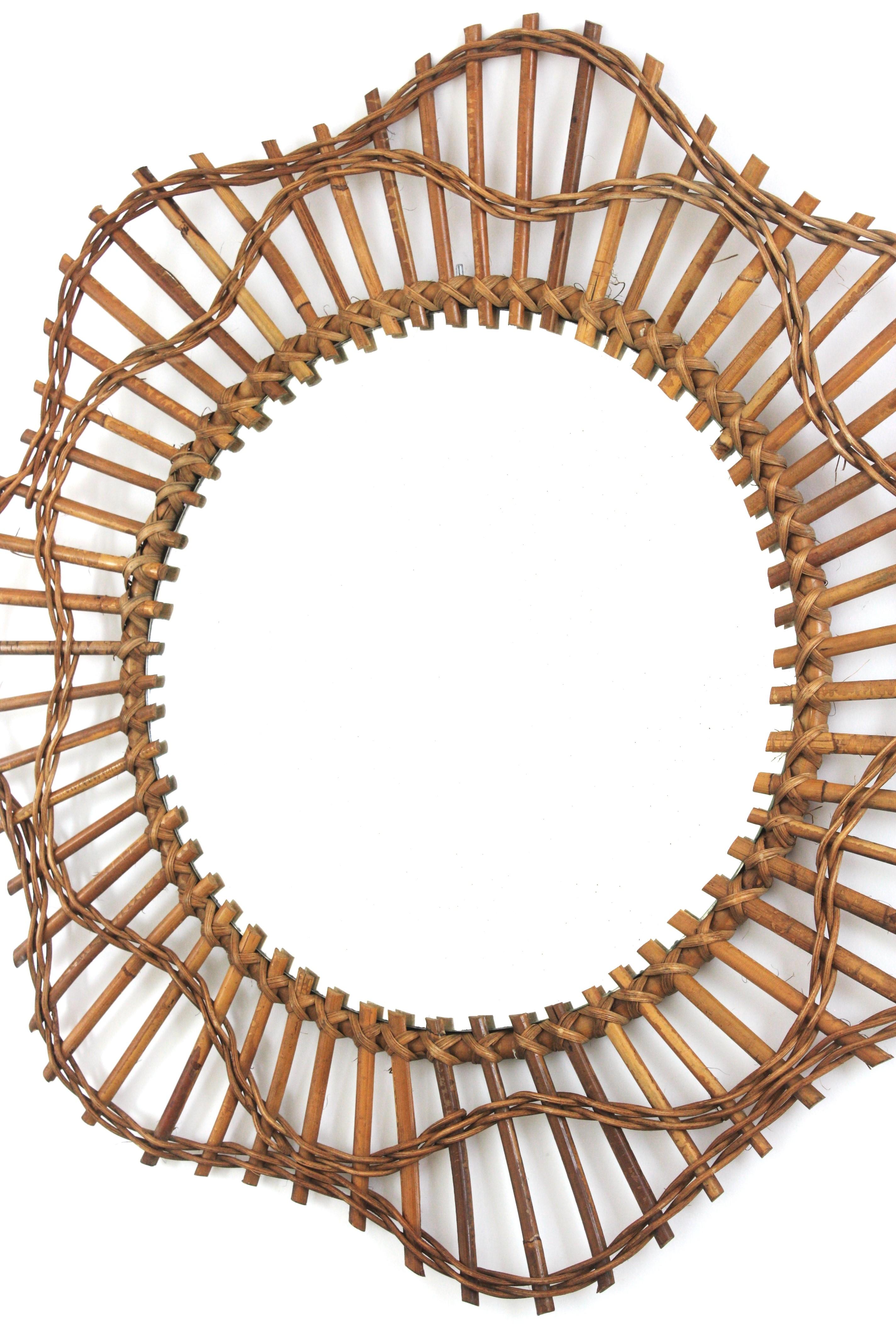 French Riviera Flower Shaped Wall Mirror in Rattan, 1950s For Sale 4