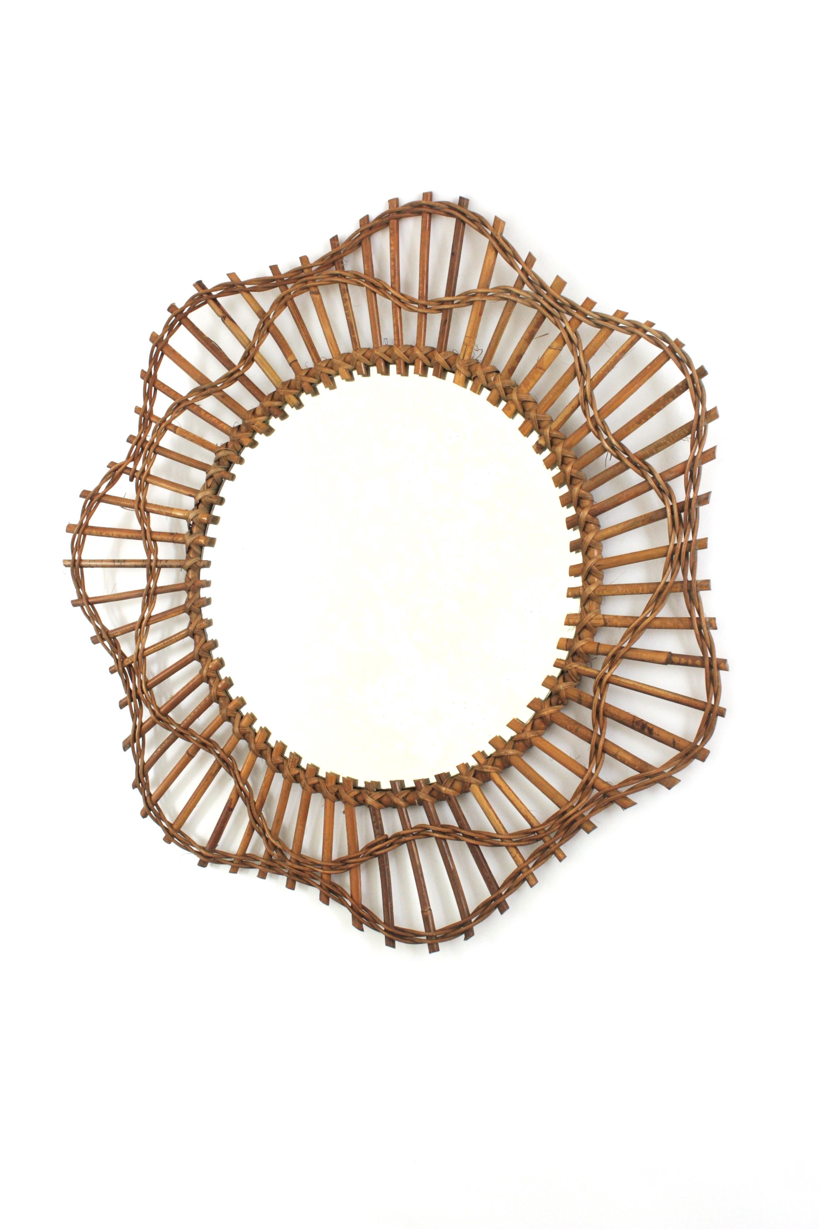 French Riviera Flower Shaped Wall Mirror in Rattan, 1950s For Sale 5