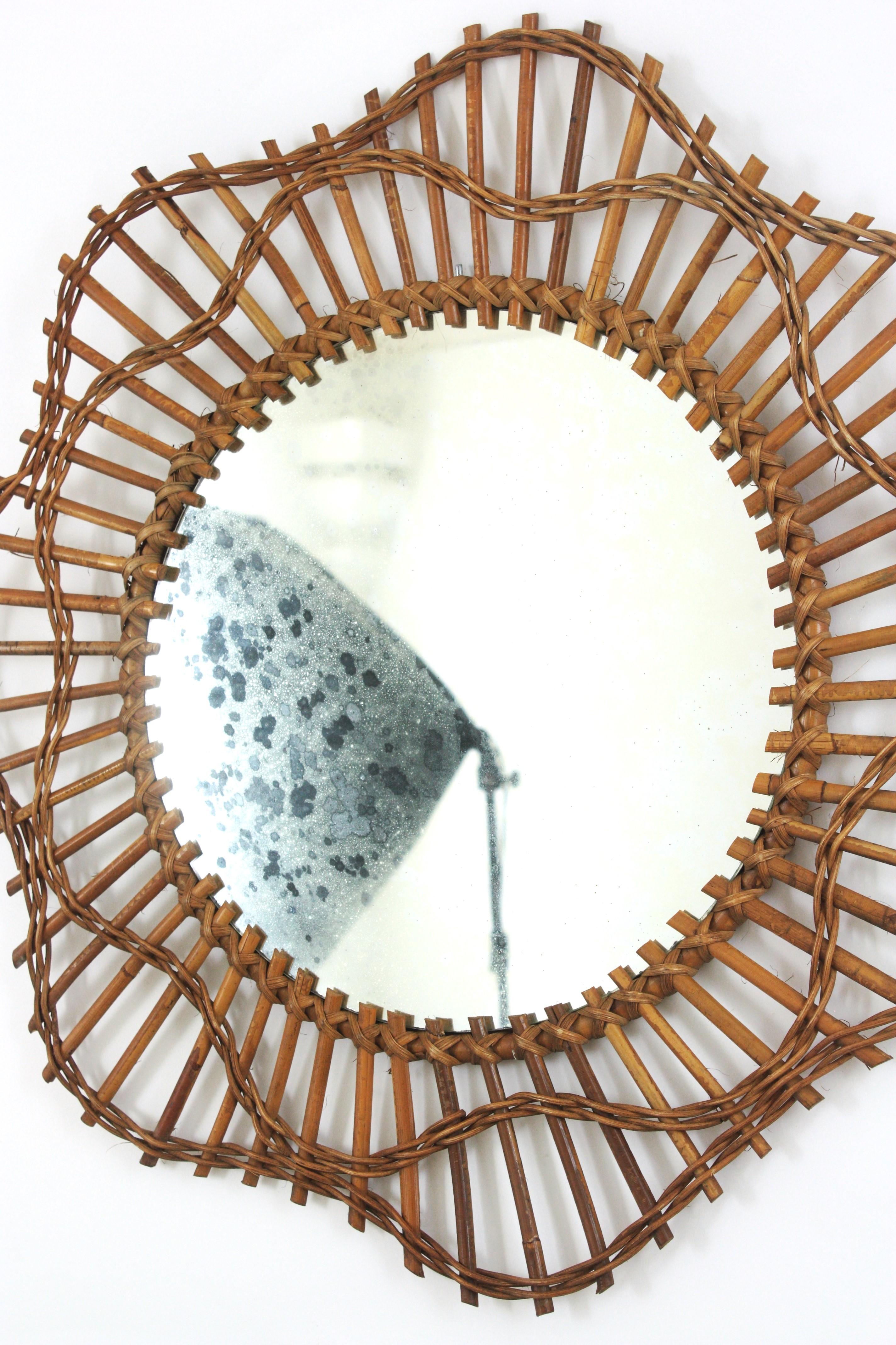 French Riviera Flower Shaped Wall Mirror in Rattan, 1950s For Sale 6