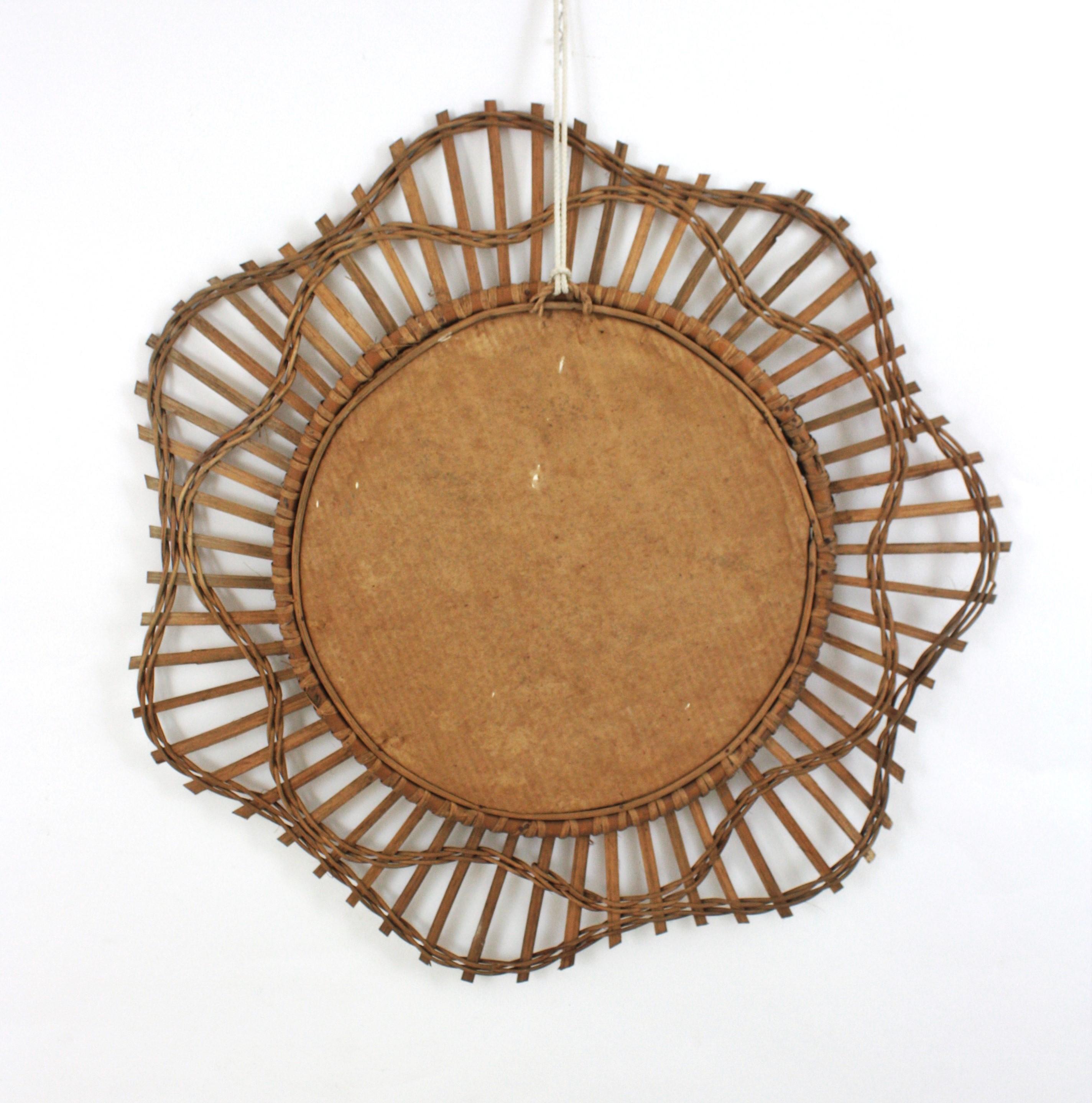 French Riviera Flower Shaped Wall Mirror in Rattan, 1950s For Sale 7