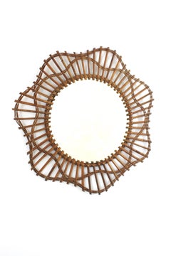 French Riviera Flower Shaped Wall Mirror in Rattan, 1950s