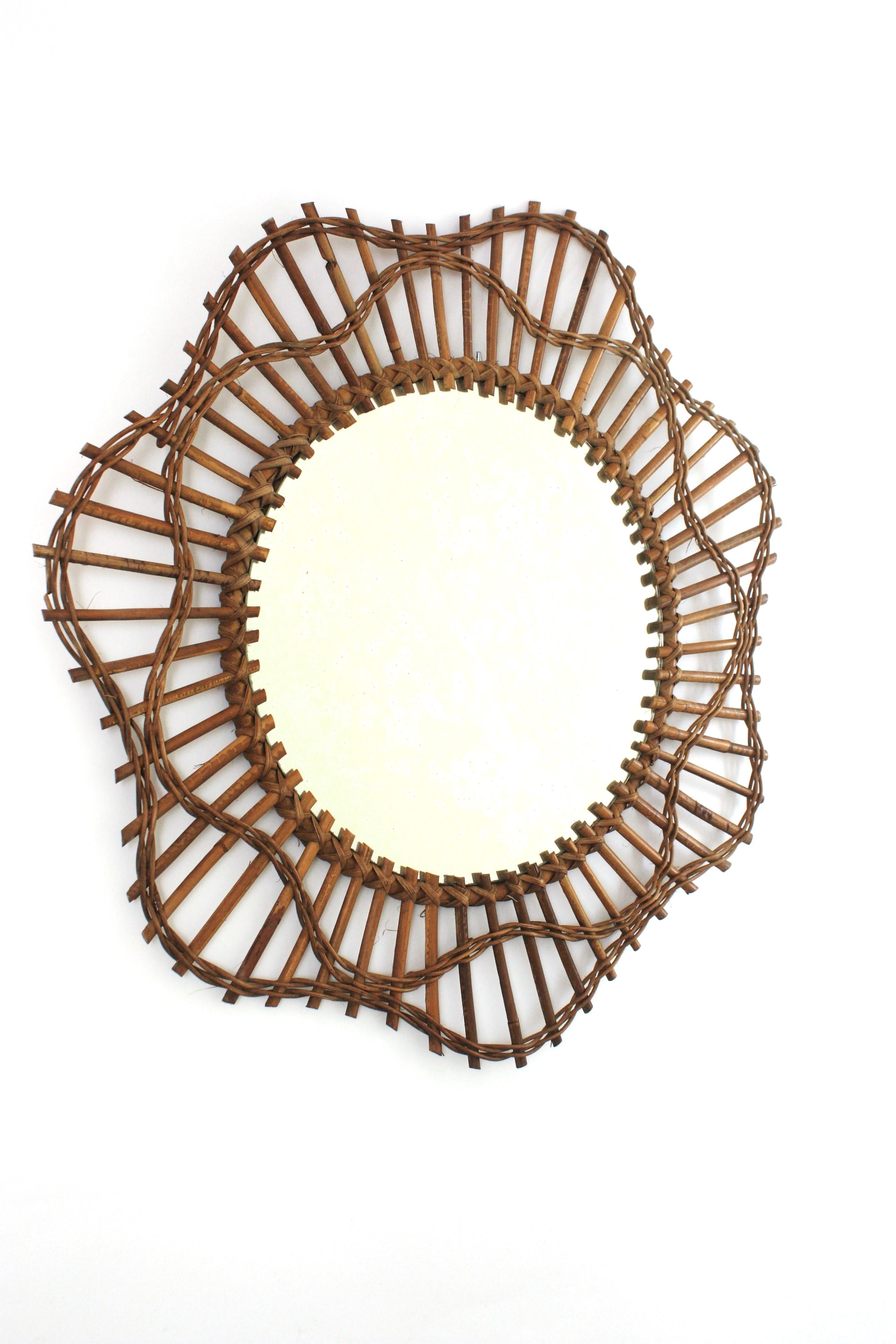 Mid-Century Modern French Riviera Flower Shaped Wall Mirror in Rattan, 1950s For Sale