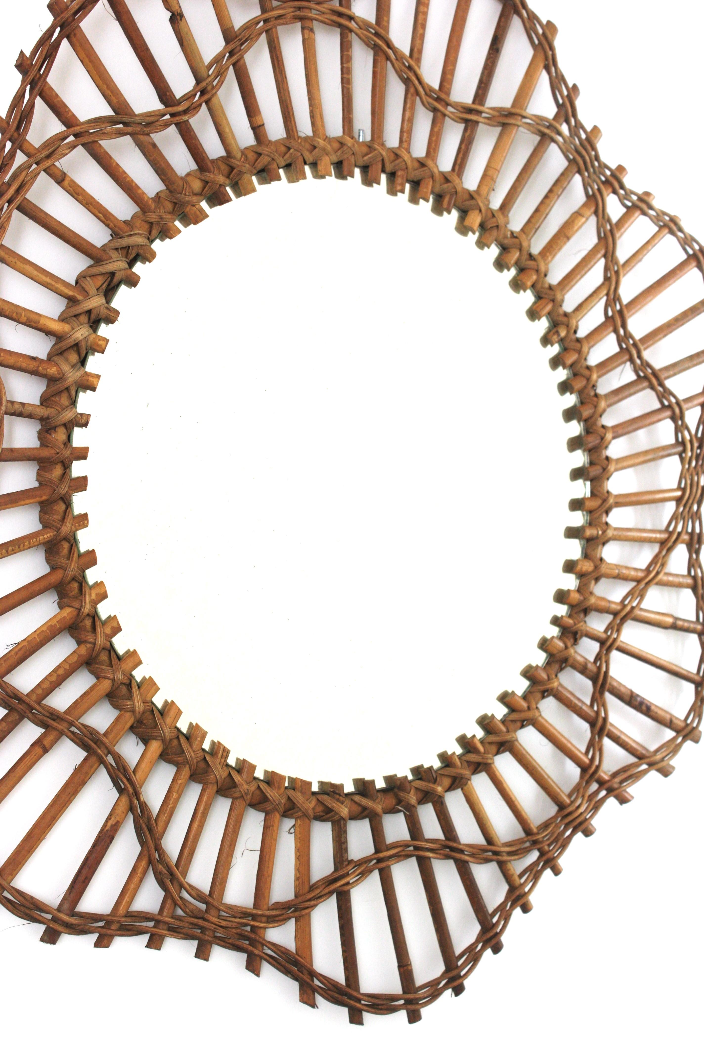 Hand-Crafted French Riviera Flower Shaped Wall Mirror in Rattan, 1950s For Sale