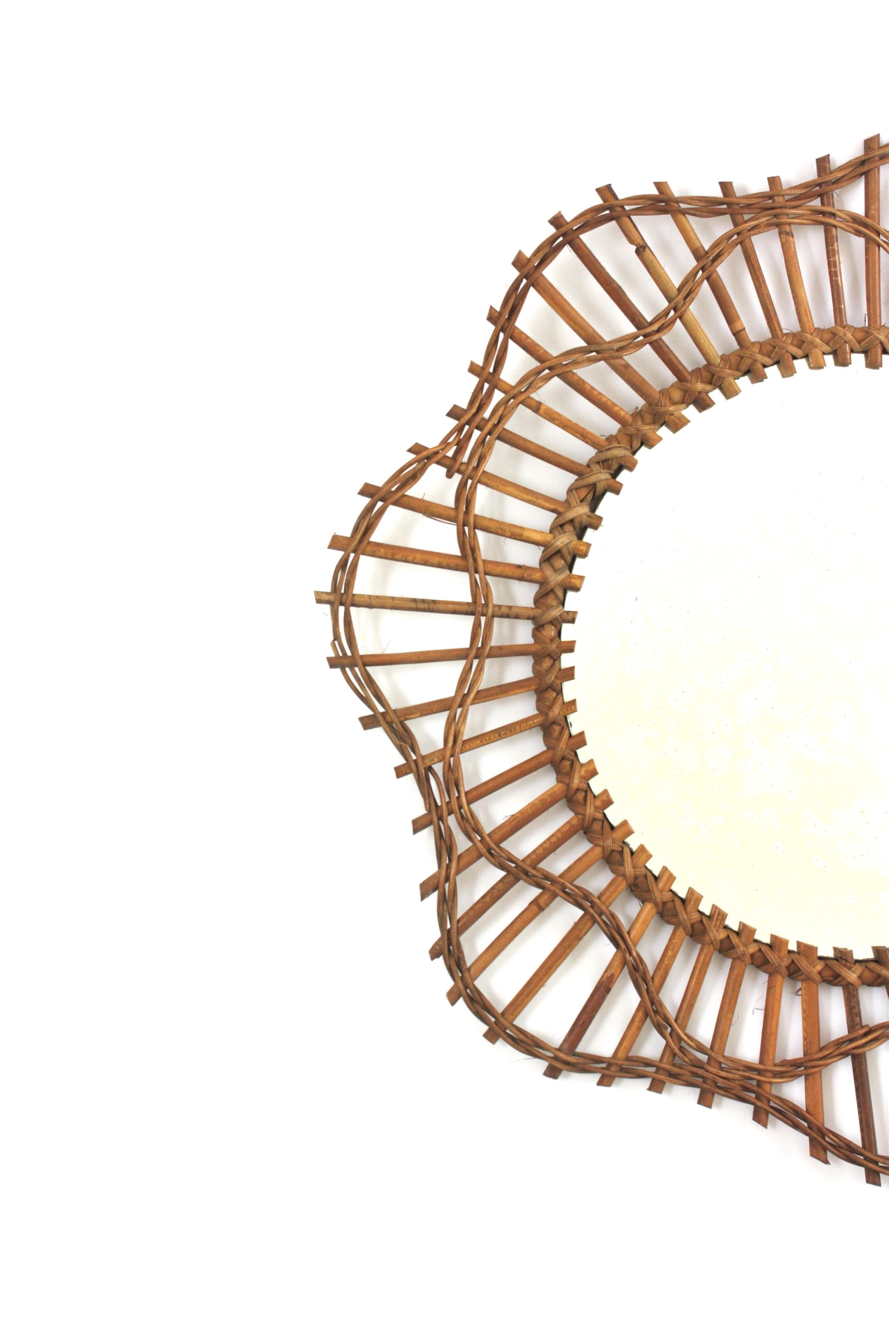 20th Century French Riviera Flower Shaped Wall Mirror in Rattan, 1950s For Sale