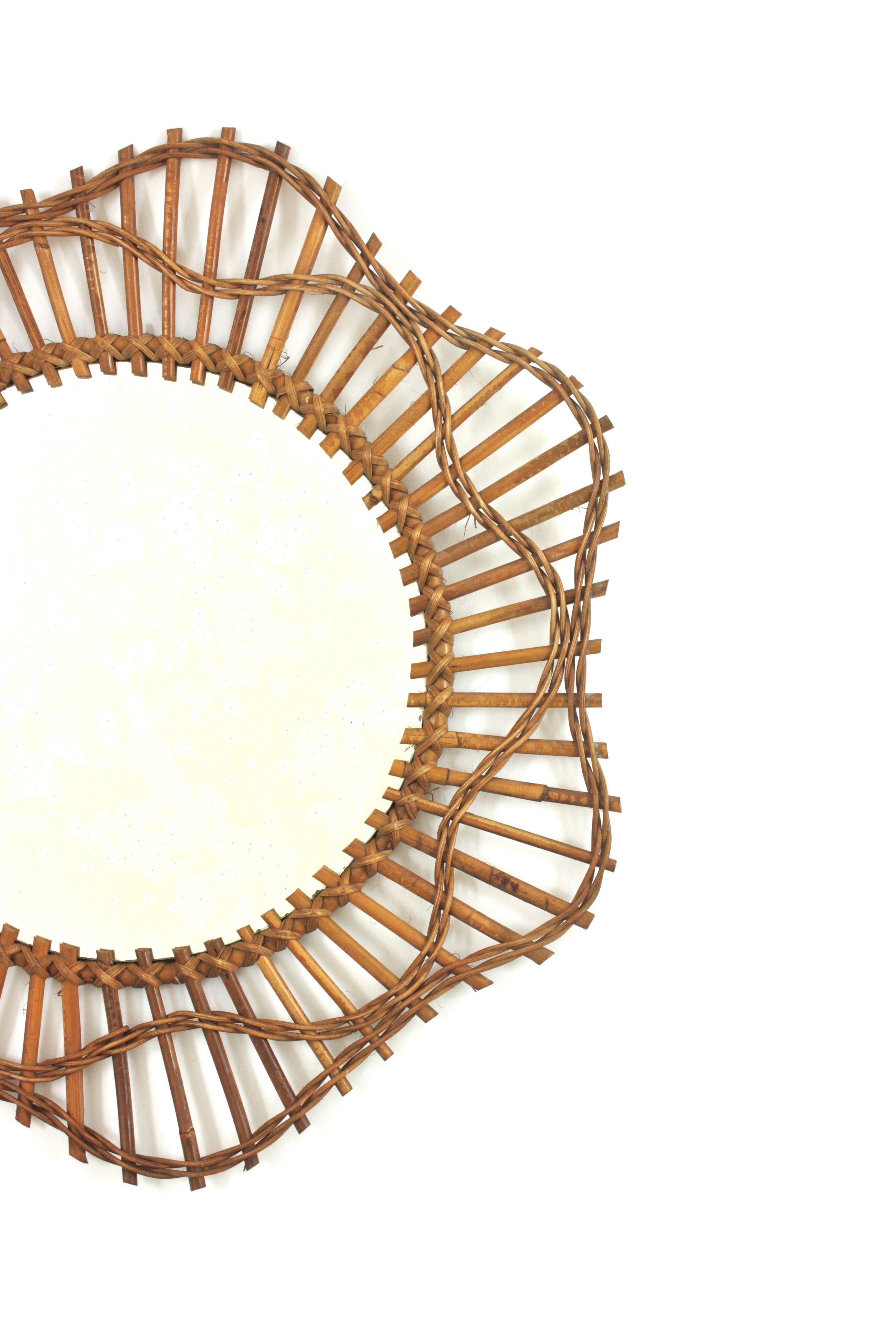Cane French Riviera Flower Shaped Wall Mirror in Rattan, 1950s For Sale