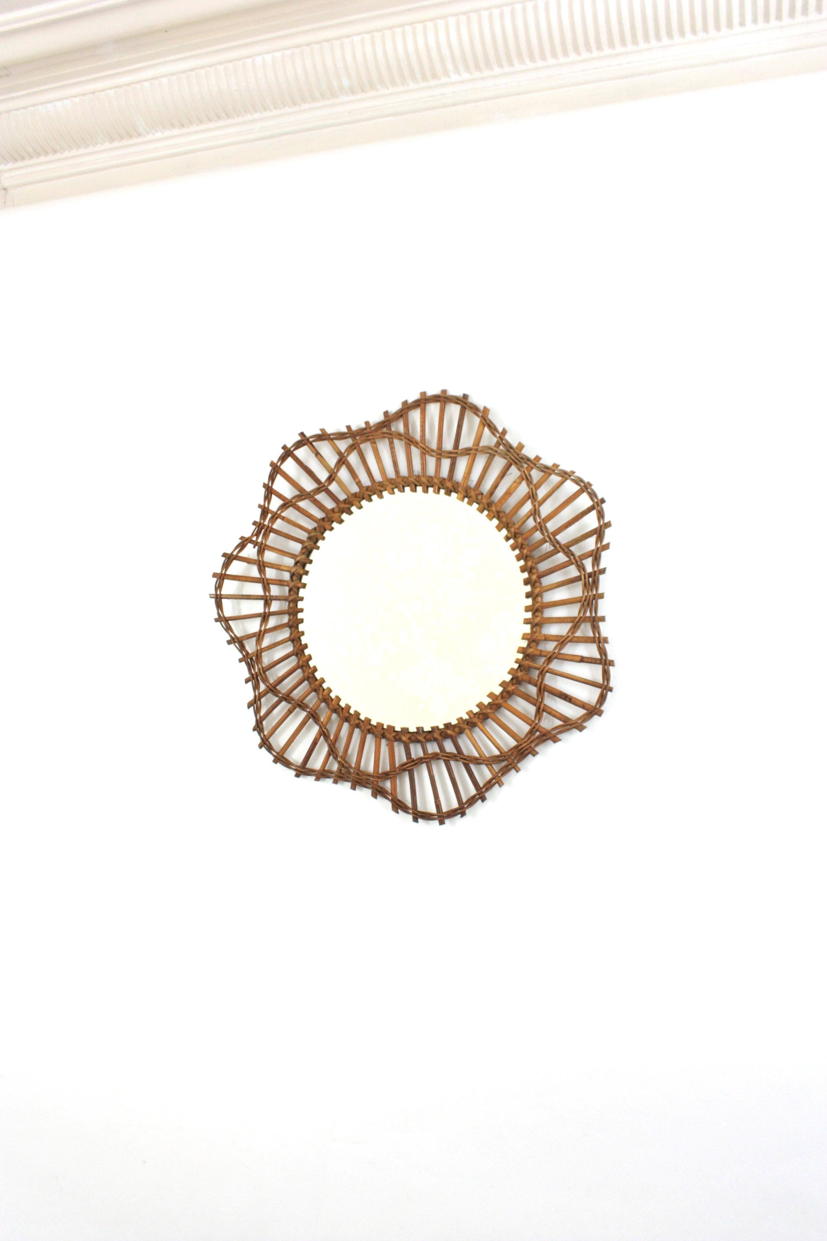 French Riviera Flower Shaped Wall Mirror in Rattan, 1950s For Sale 1