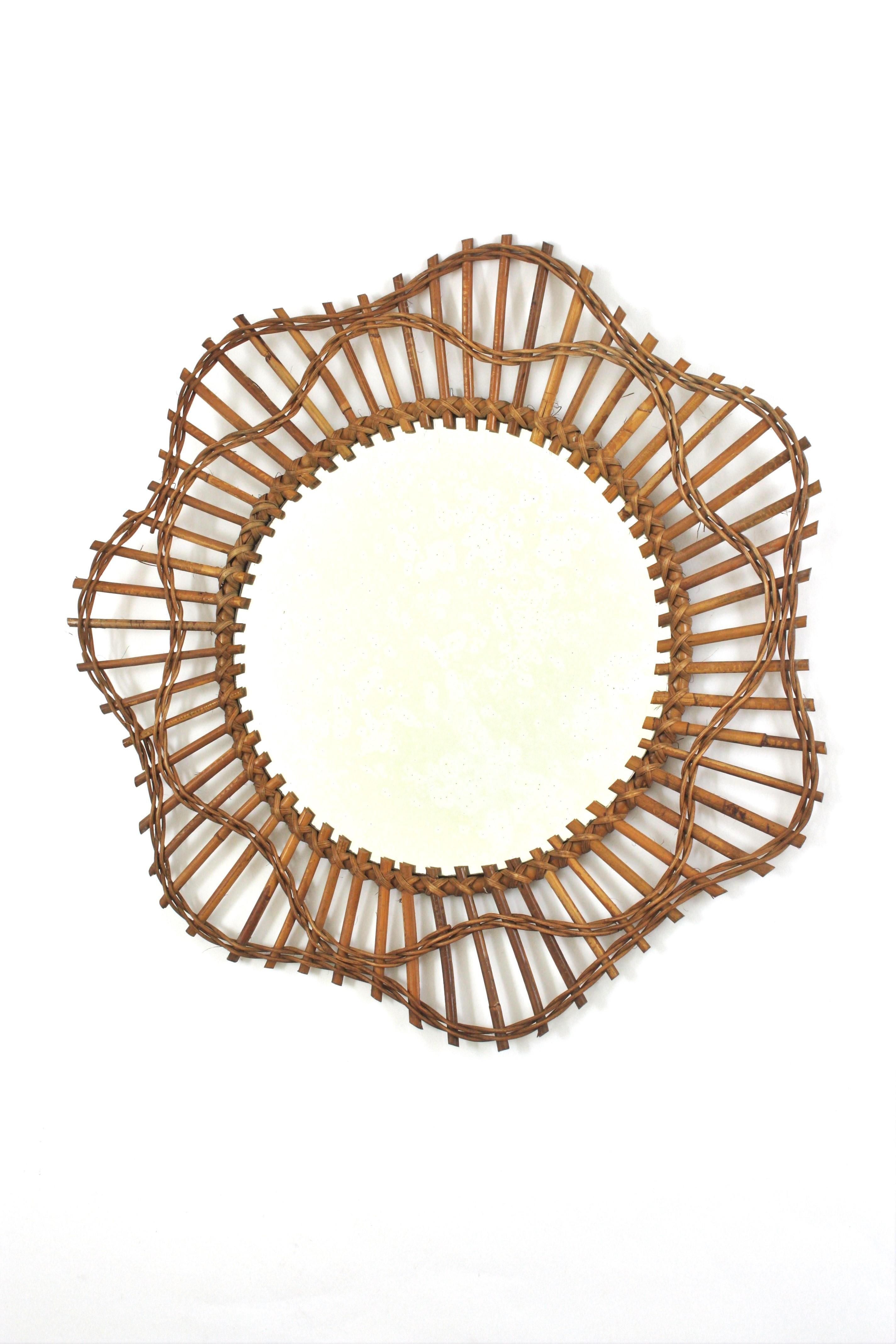 French Riviera Flower Shaped Wall Mirror in Rattan, 1950s For Sale 2