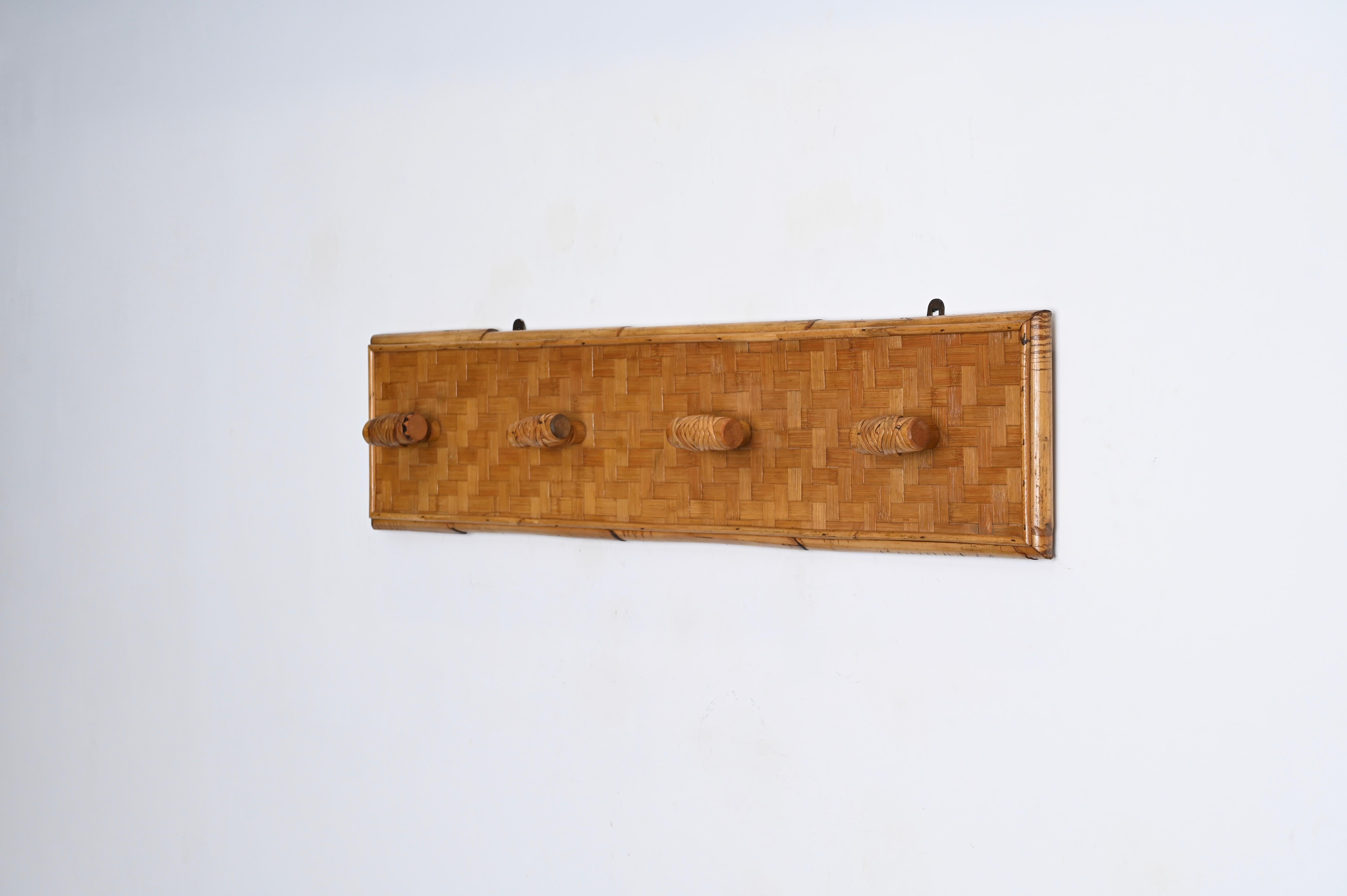French Riviera Four Hook Coat Rack in Wicker, Rattan and Bamboo, Italy 1960s 3