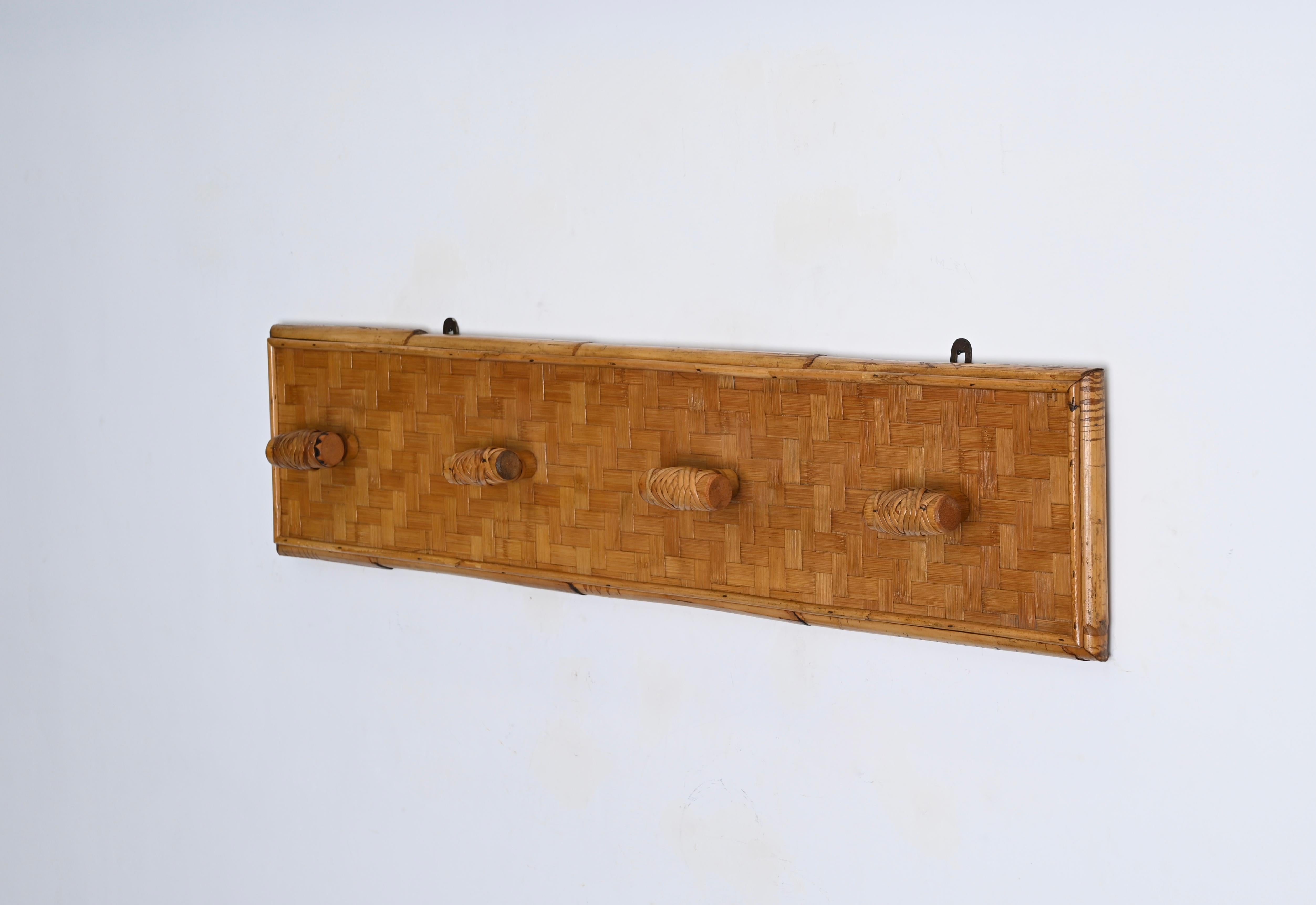 French Riviera Four Hook Coat Rack in Wicker, Rattan and Bamboo, Italy 1960s 6
