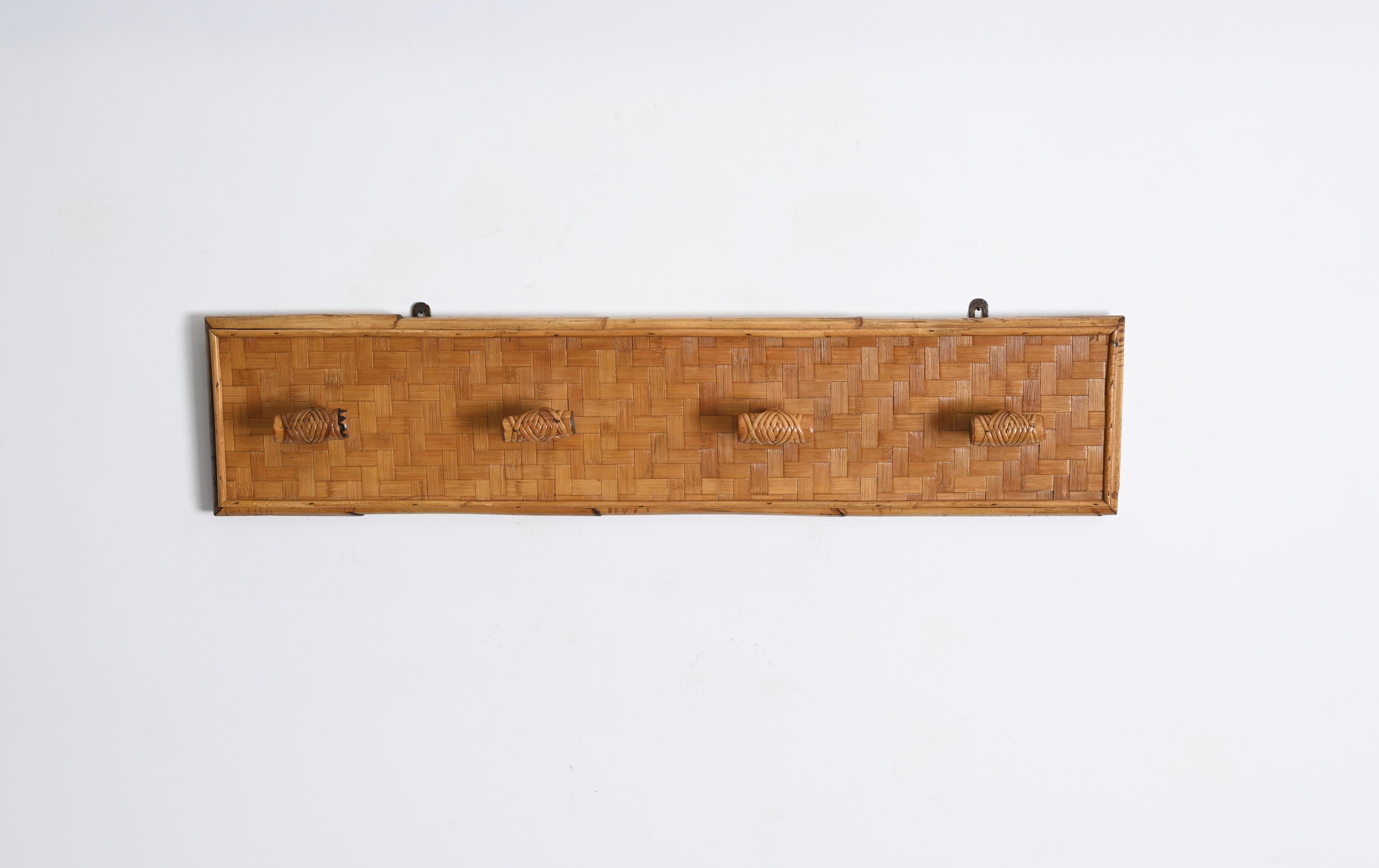 French Riviera Four Hook Coat Rack in Wicker, Rattan and Bamboo, Italy 1960s 7