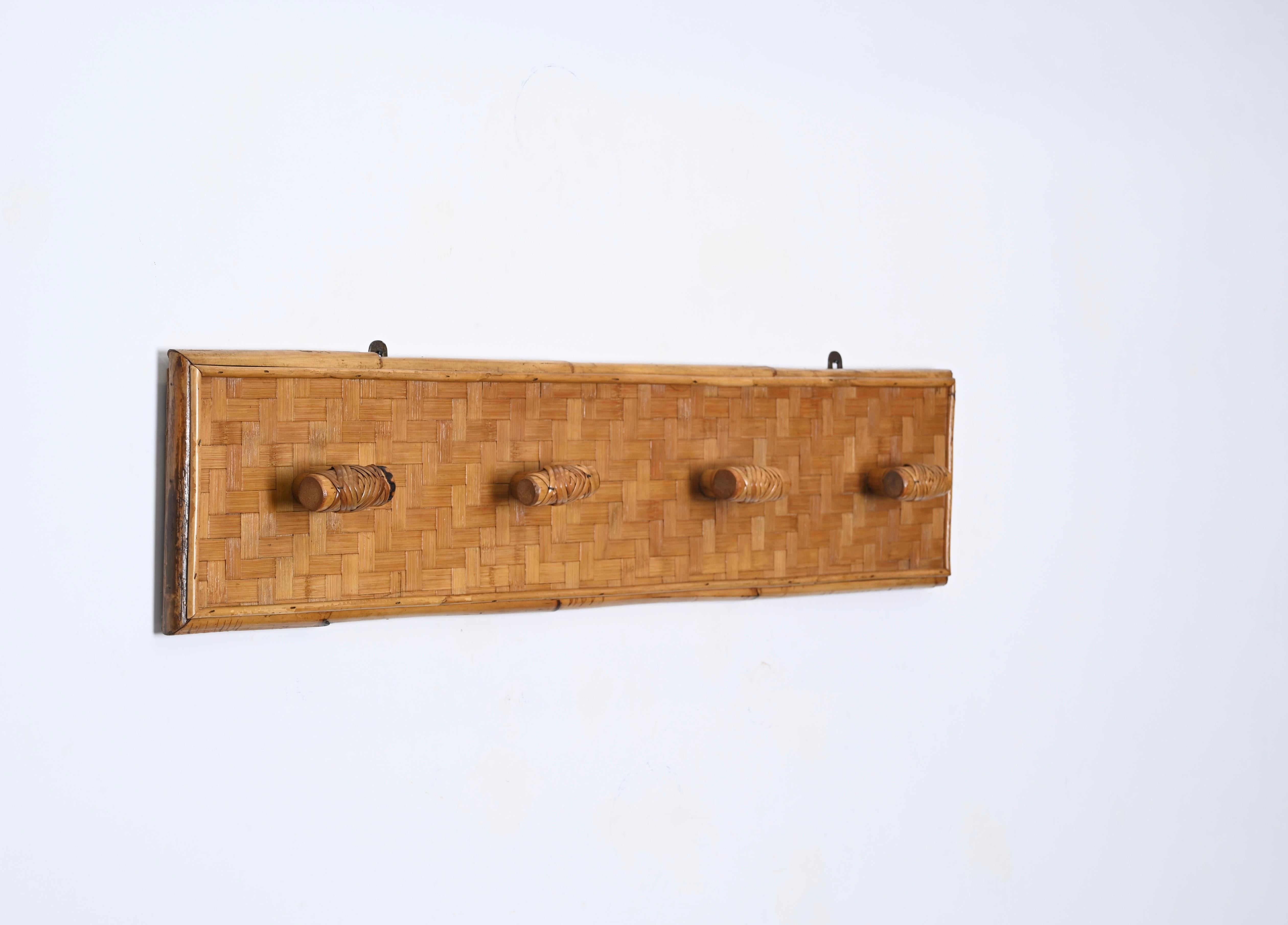 French Riviera Four Hook Coat Rack in Wicker, Rattan and Bamboo, Italy 1960s 2