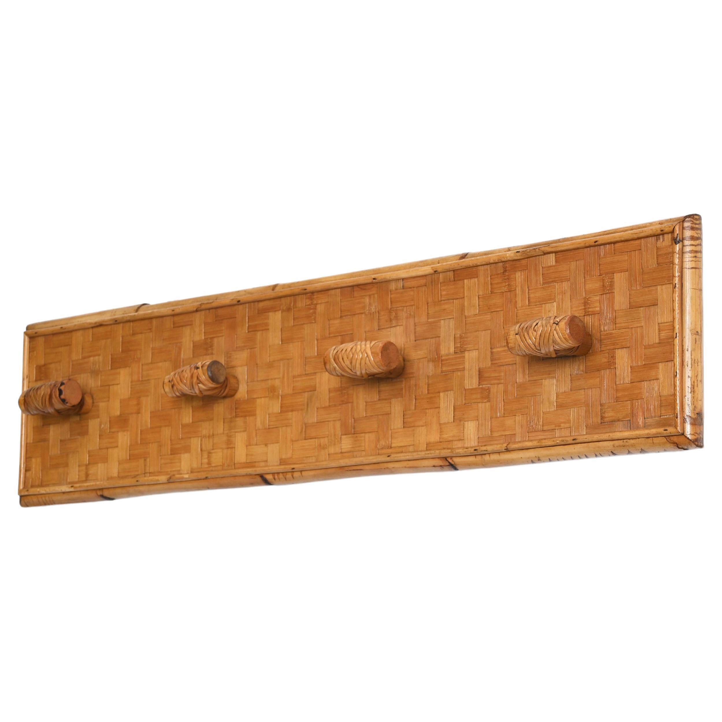 French Riviera Four Hook Coat Rack in Wicker, Rattan and Bamboo, Italy 1960s