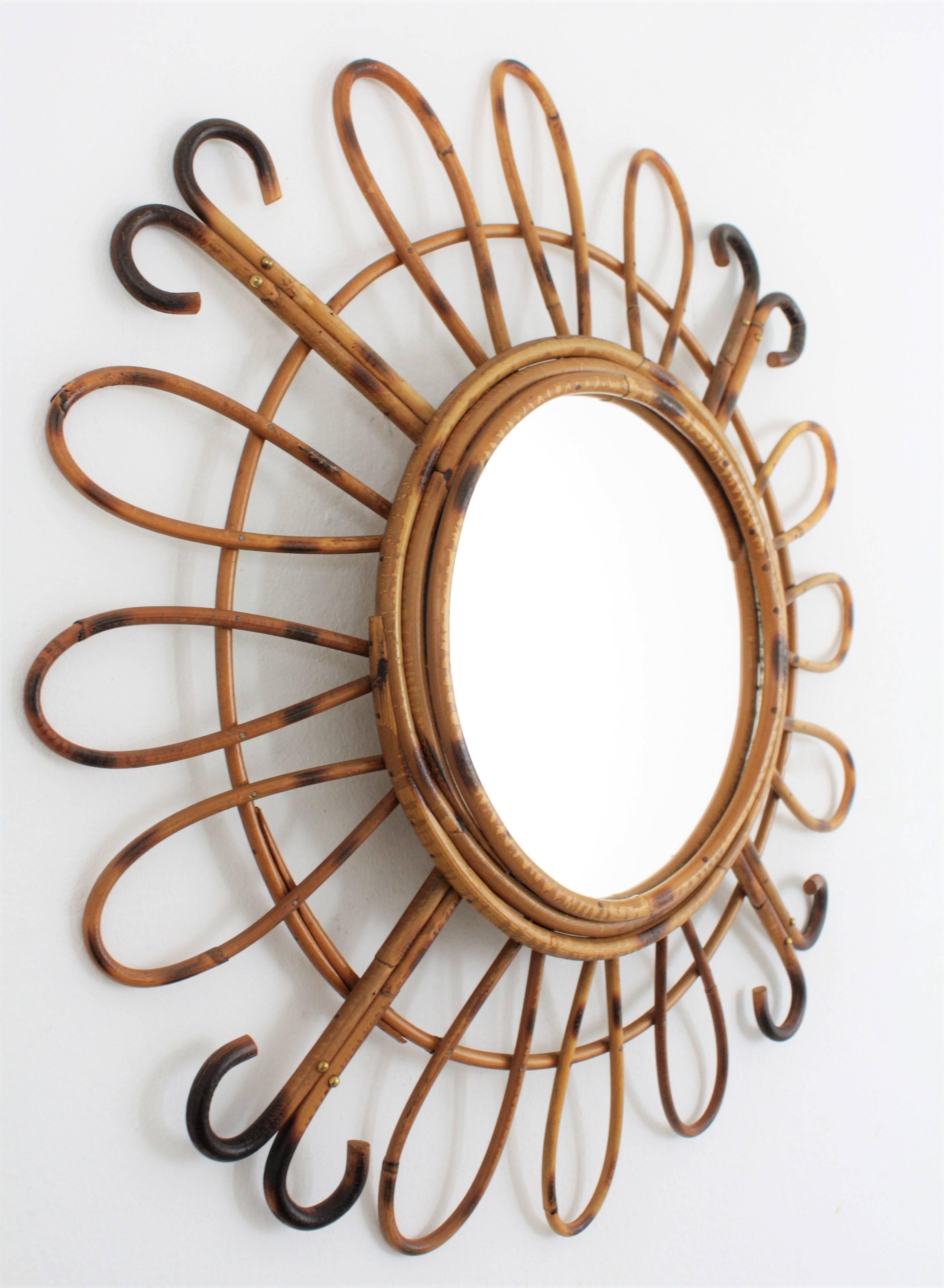 Mid-Century Modern French Riviera Handcrafted Rattan and Bamboo Sunburst Mirror, France 1950s