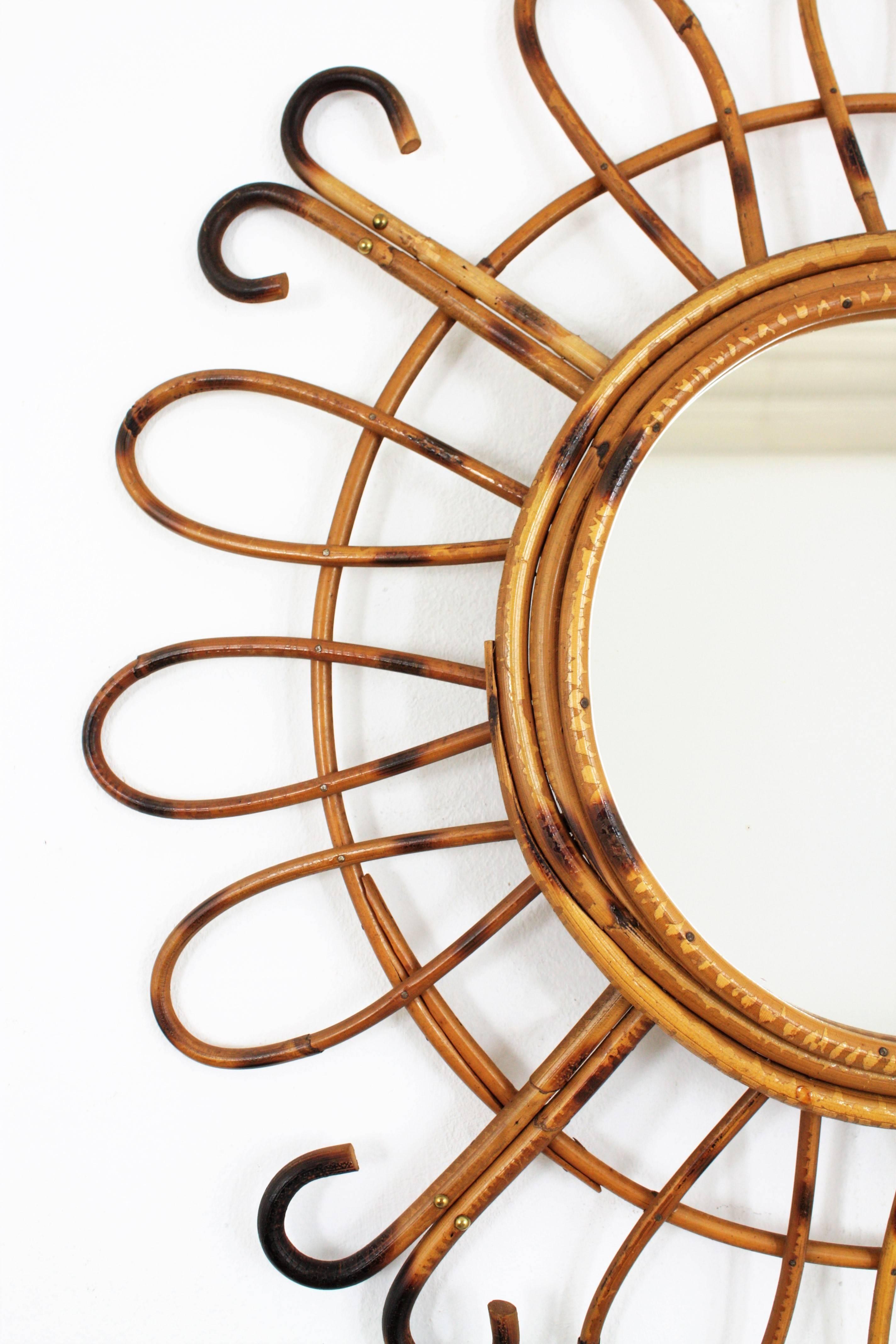 French Riviera Handcrafted Rattan and Bamboo Sunburst Mirror, France 1950s In Excellent Condition In Barcelona, ES