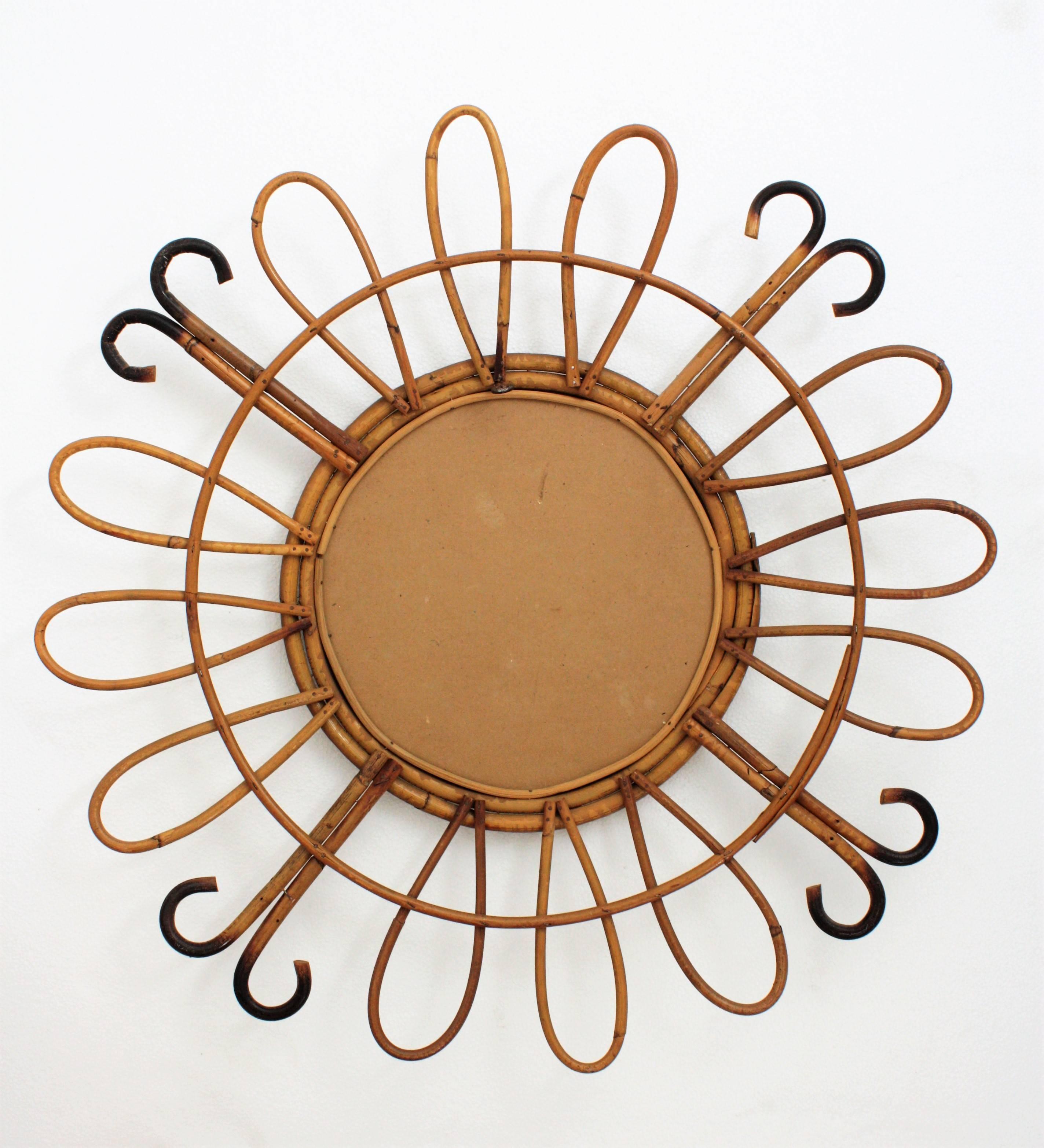 French Riviera Handcrafted Rattan and Bamboo Sunburst Mirror, France 1950s 3