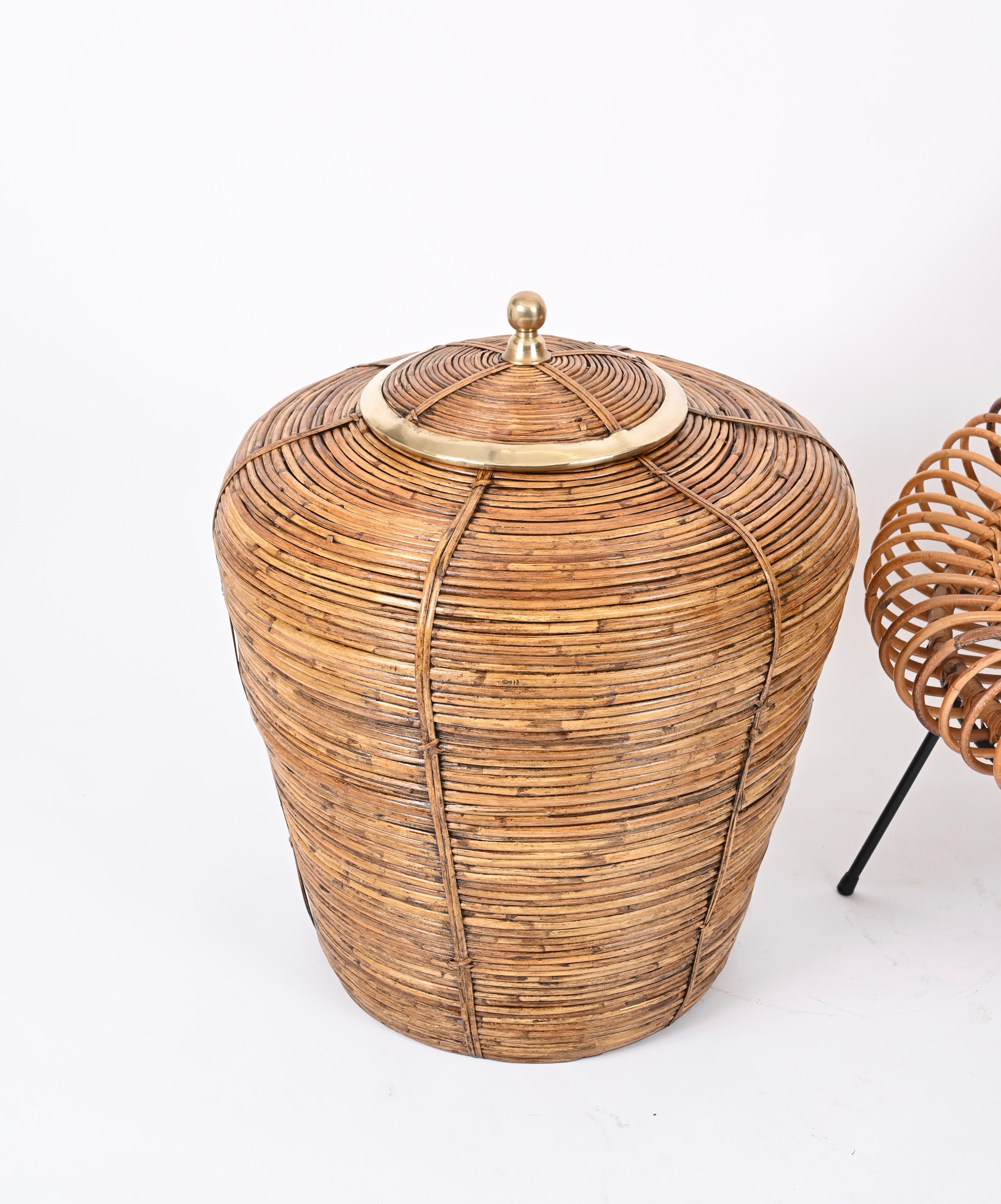 French Riviera Huge Basket in Rattan, Brass, Gabriella Crespi Style Italy 1970s For Sale 2