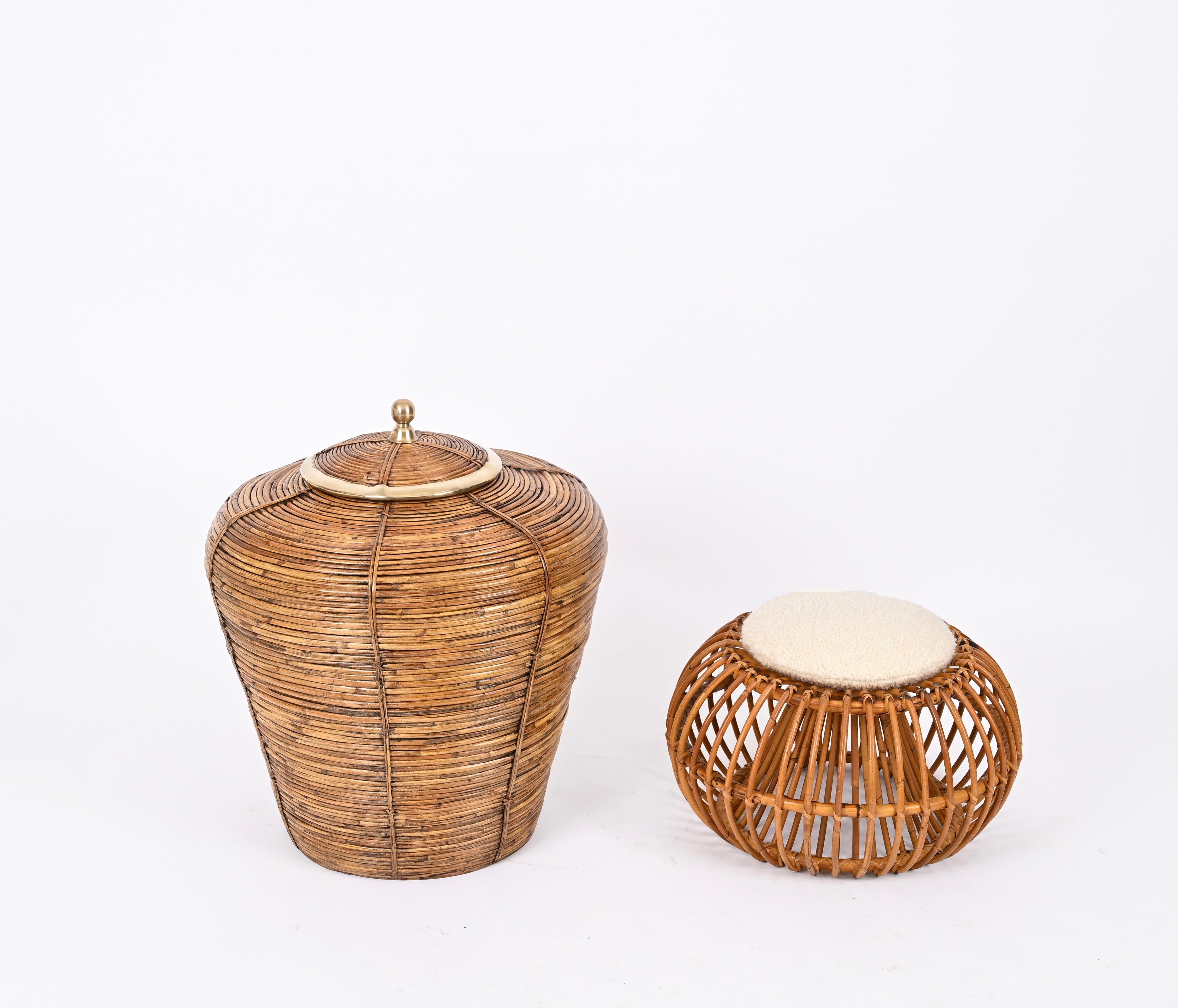 French Riviera Huge Basket in Rattan, Brass, Gabriella Crespi Style Italy 1970s For Sale 3