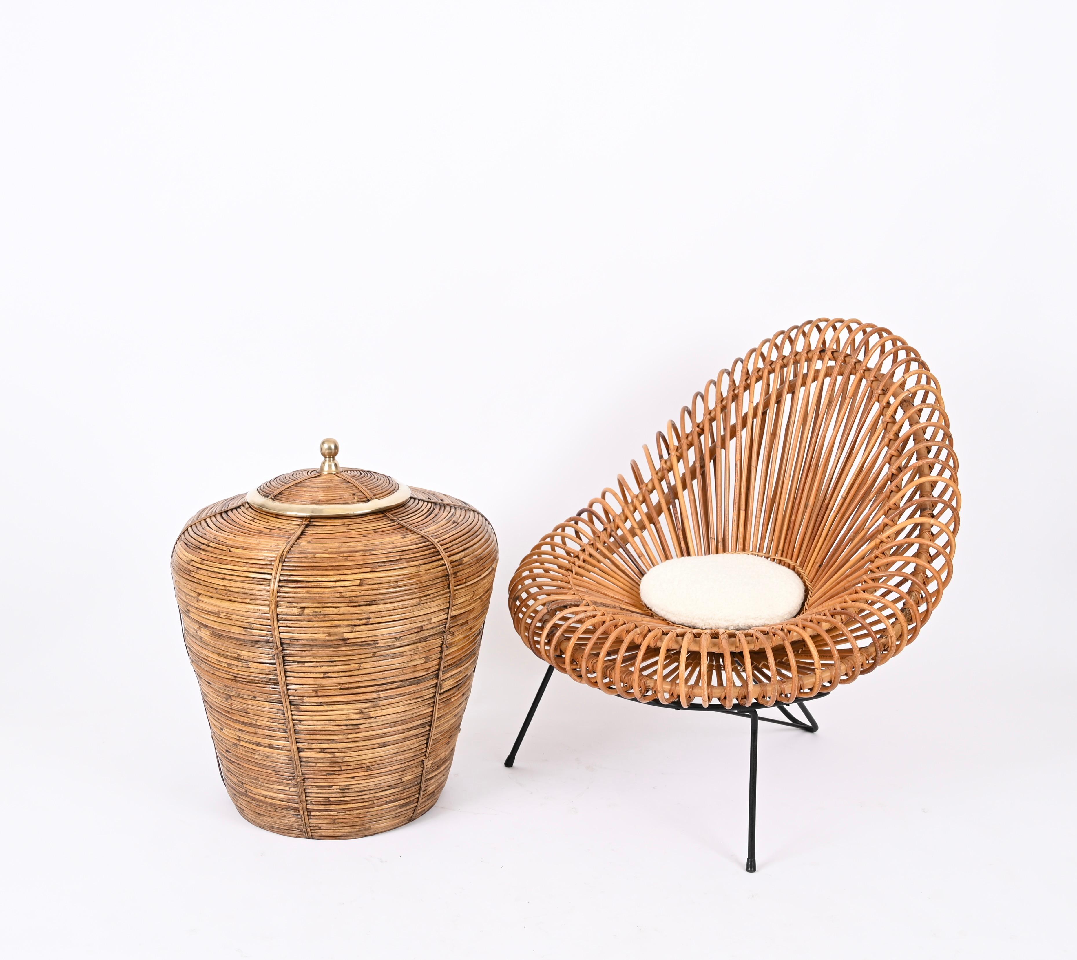 Mid-Century Modern French Riviera Huge Basket in Rattan, Brass, Gabriella Crespi Style Italy 1970s For Sale