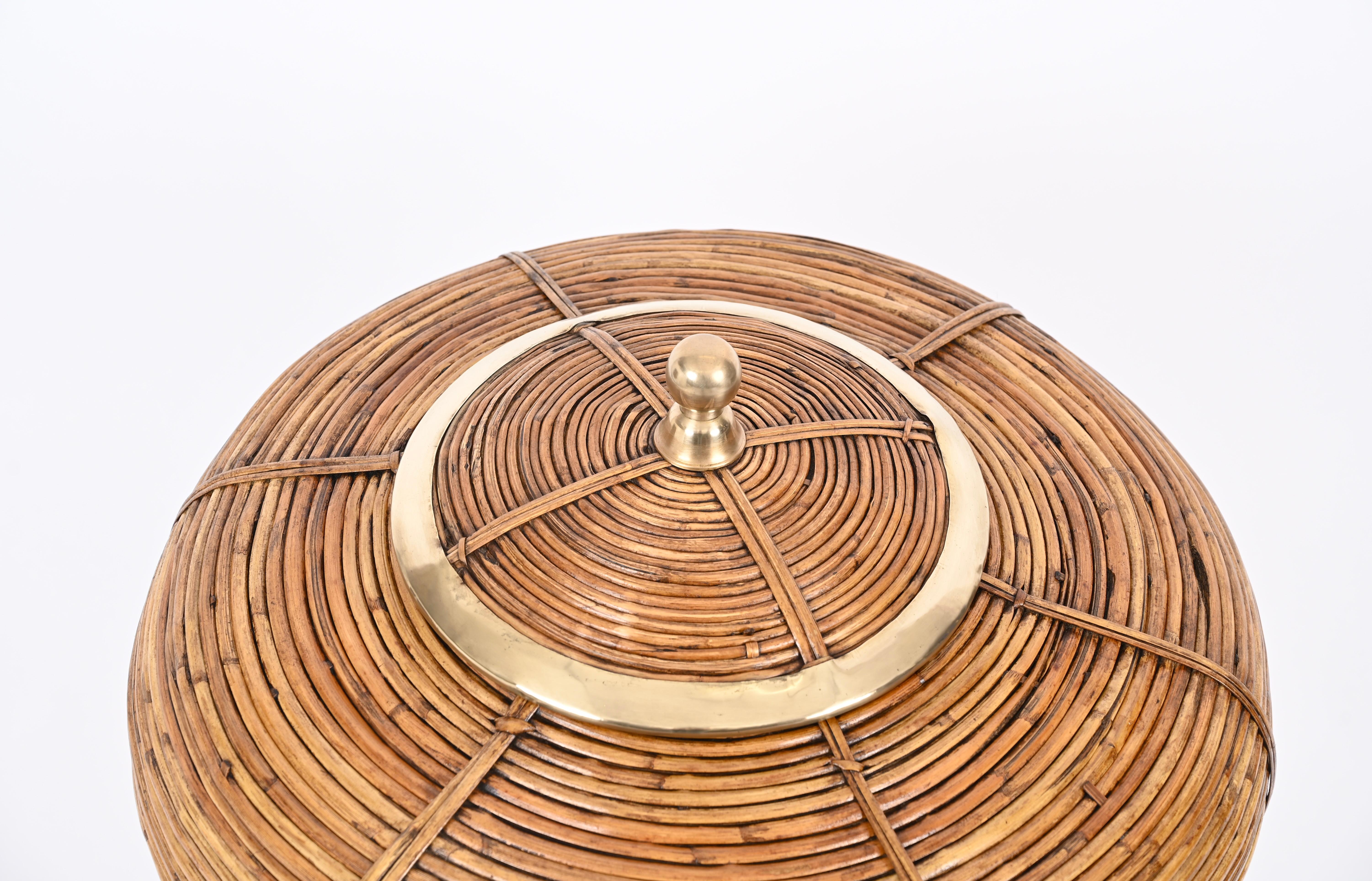 Hand-Crafted French Riviera Huge Basket in Rattan, Brass, Gabriella Crespi Style Italy 1970s For Sale