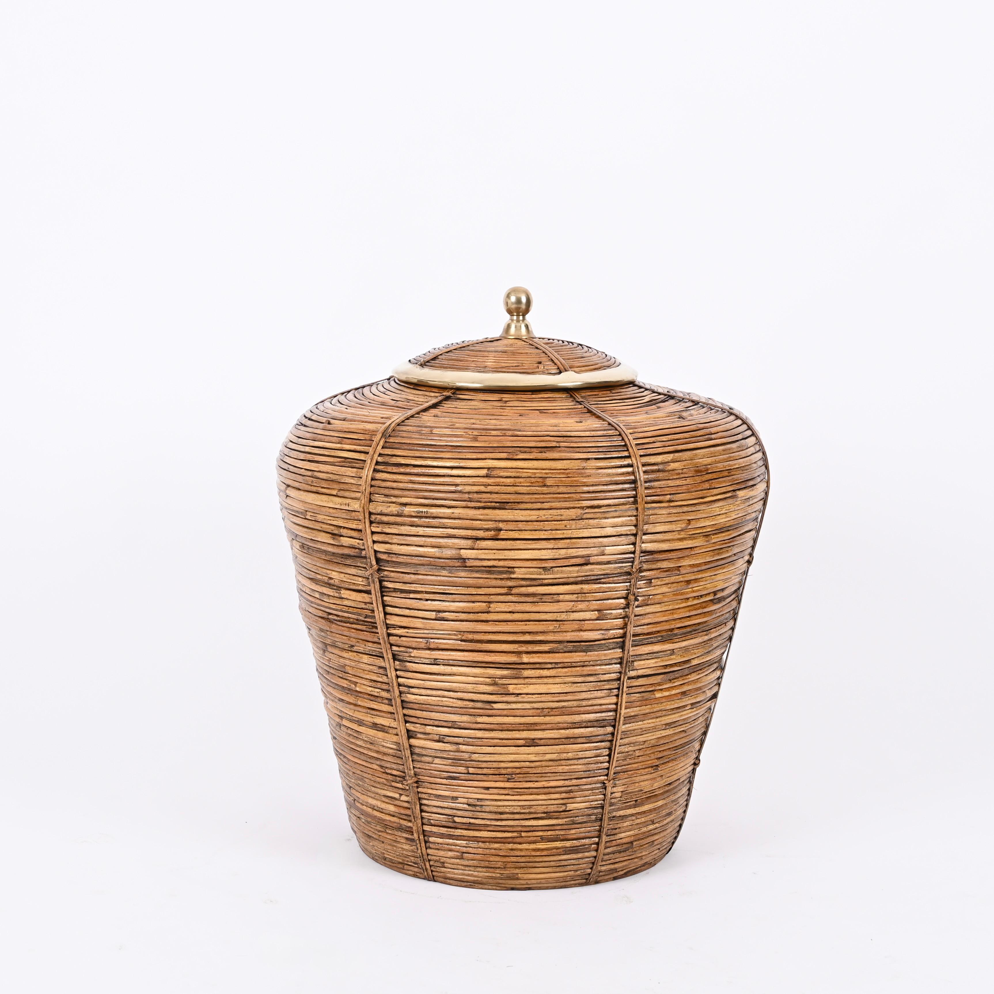 20th Century French Riviera Huge Basket in Rattan, Brass, Gabriella Crespi Style Italy 1970s For Sale