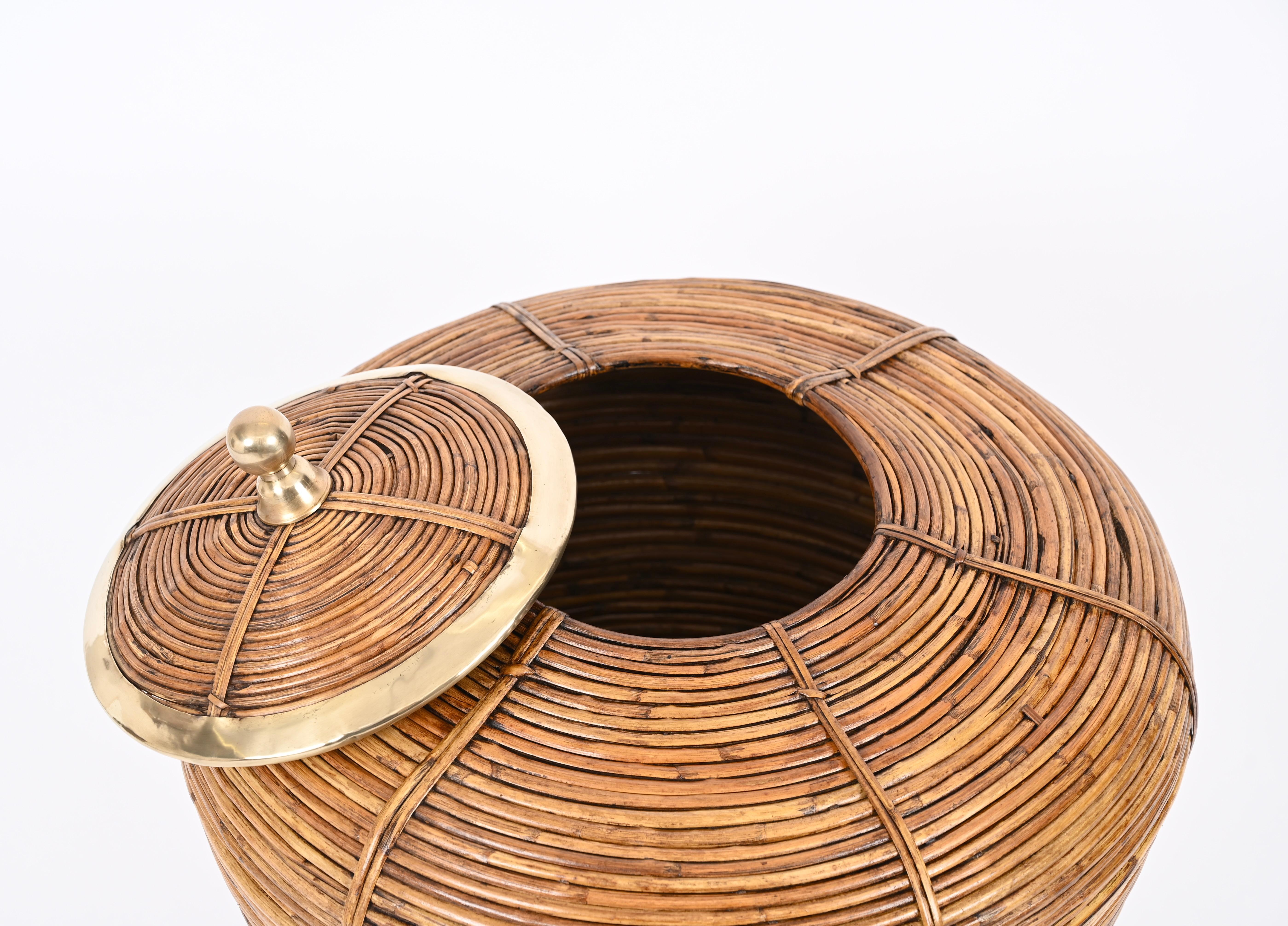 Bamboo French Riviera Huge Basket in Rattan, Brass, Gabriella Crespi Style Italy 1970s For Sale