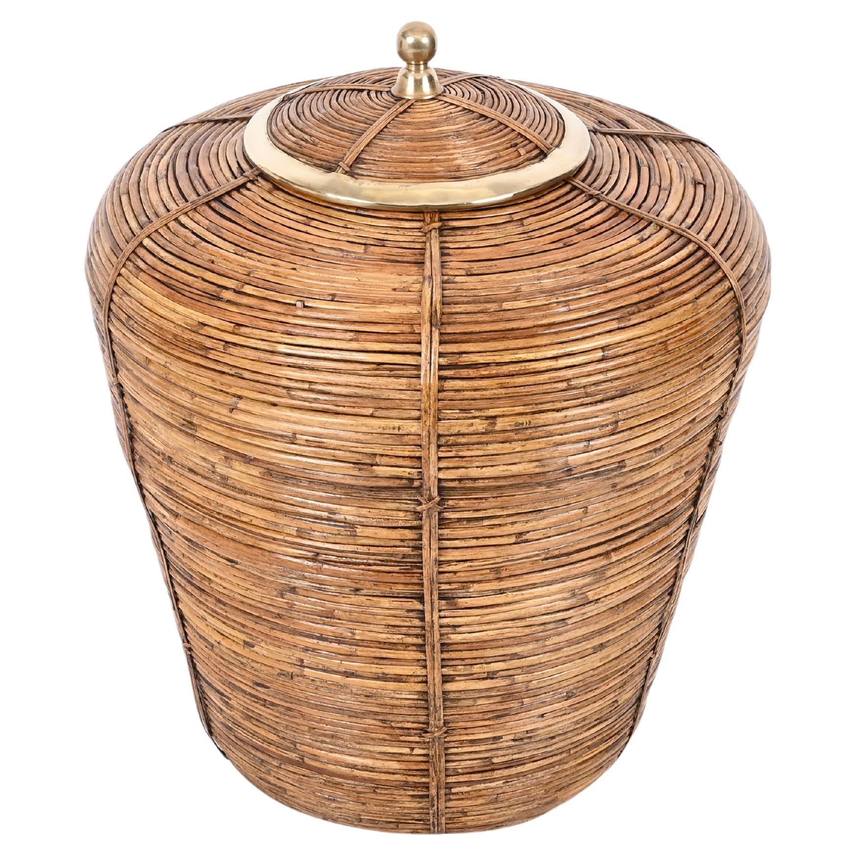 French Riviera Huge Basket in Rattan, Brass, Gabriella Crespi Style Italy 1970s For Sale