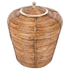 French Riviera Huge Basket in Rattan, Brass, Gabriella Crespi Style Italy 1970s