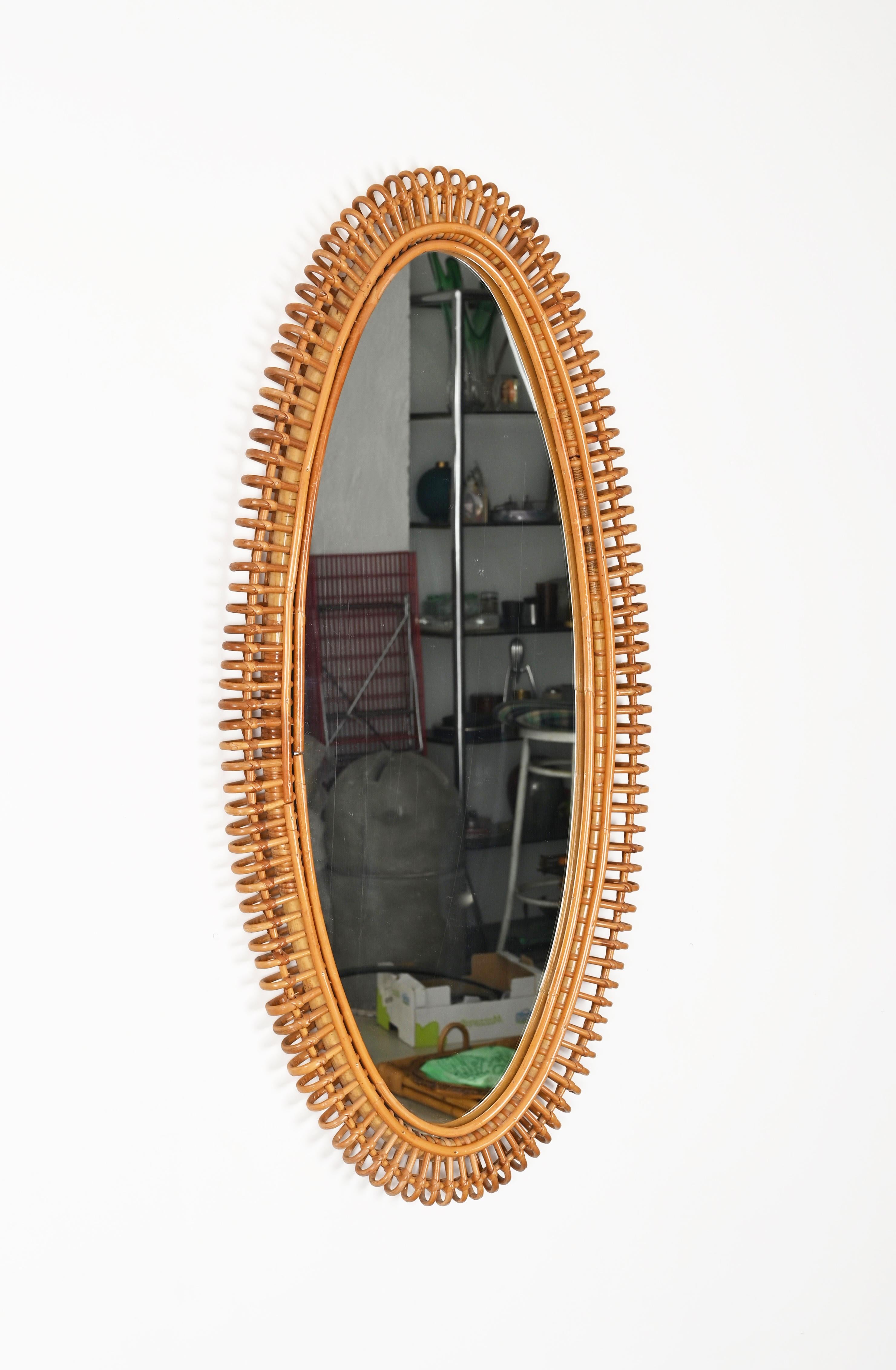 French Riviera Large Mirror by J. Abraham in Rattan, Wicker and Bamboo, '50s For Sale 5