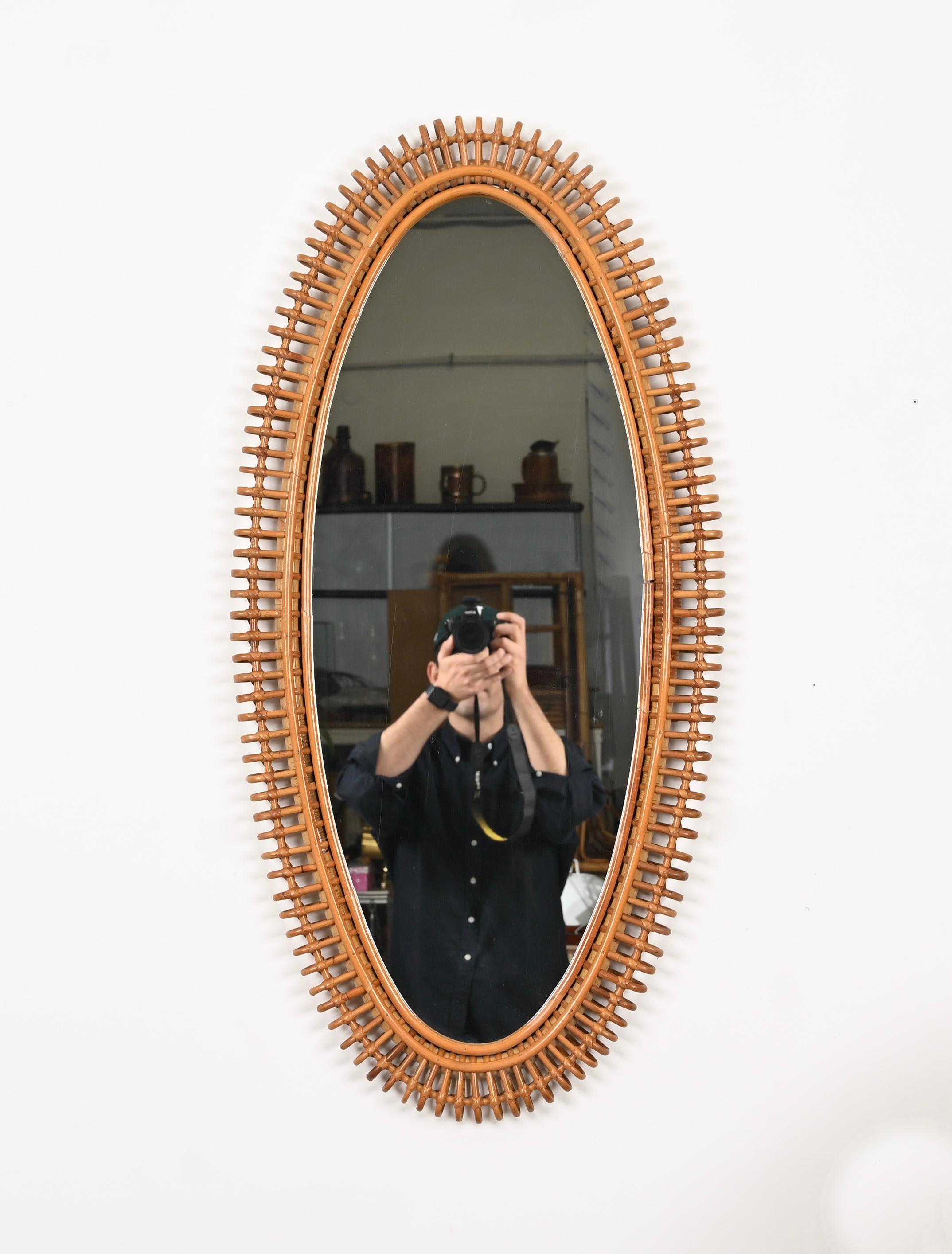 French Riviera Large Mirror by J. Abraham in Rattan, Wicker and Bamboo, '50s For Sale 7
