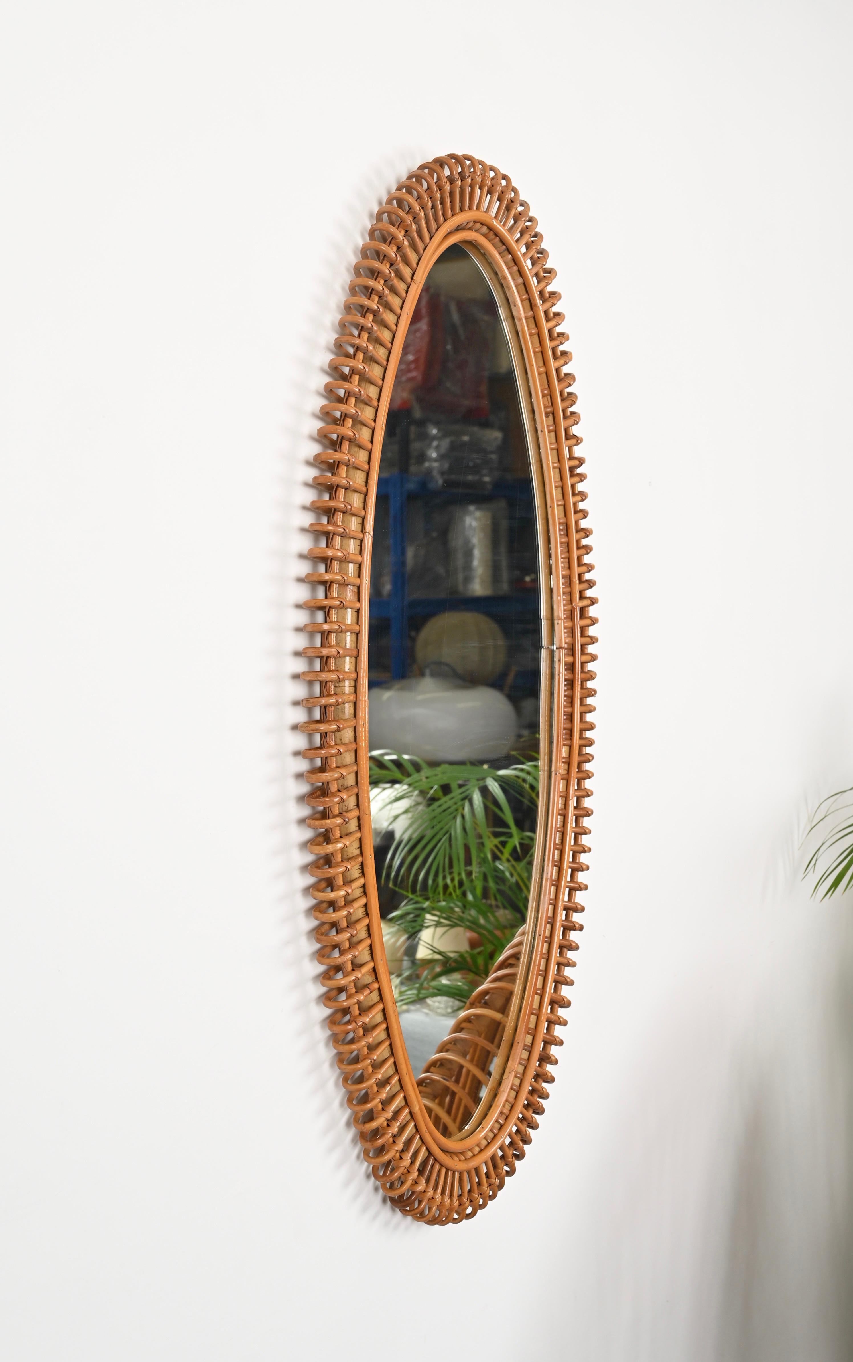 French Riviera Large Mirror by J. Abraham in Rattan, Wicker and Bamboo, '50s For Sale 8