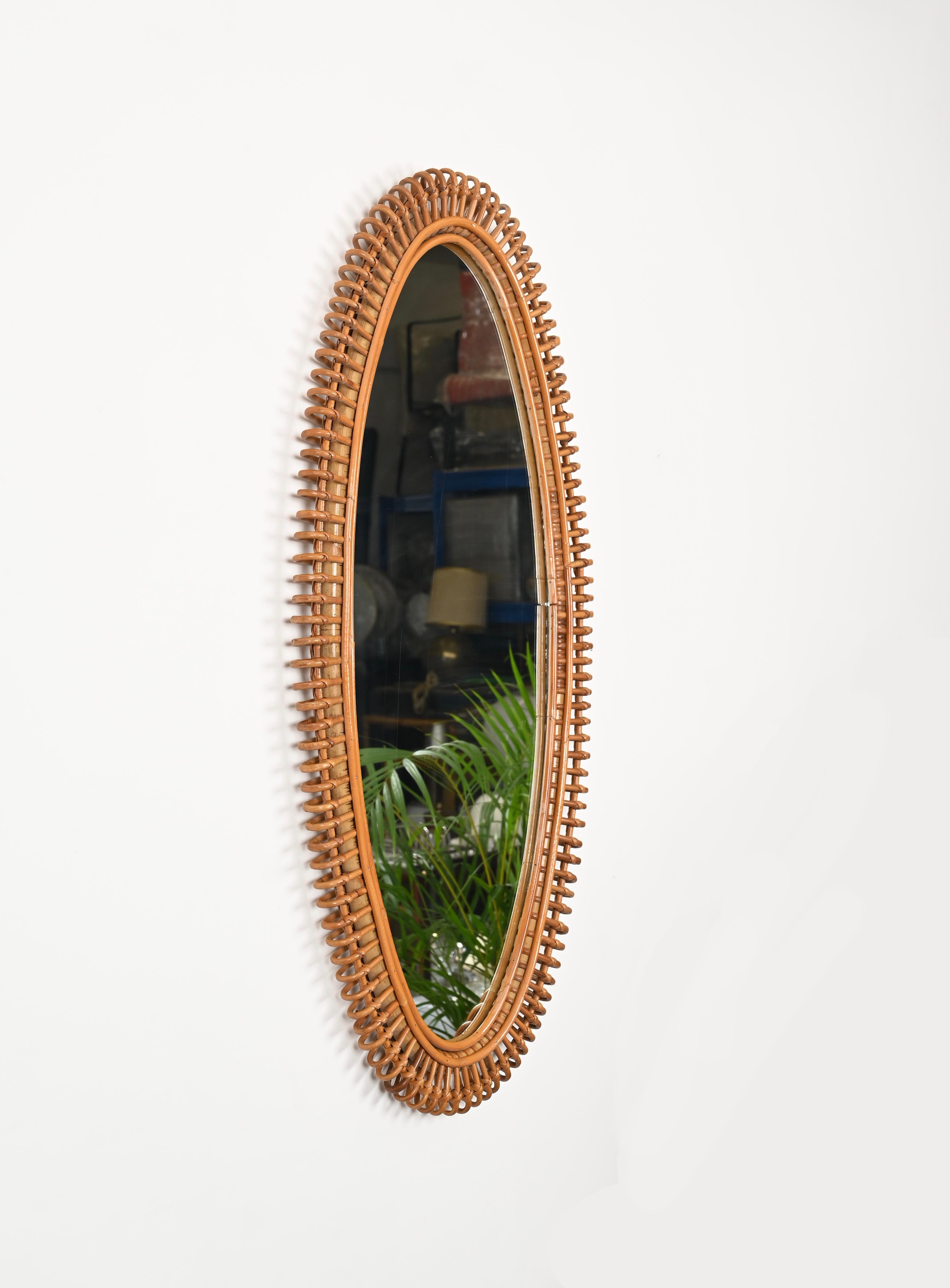 Mid-Century Modern French Riviera Large Mirror by J. Abraham in Rattan, Wicker and Bamboo, '50s For Sale