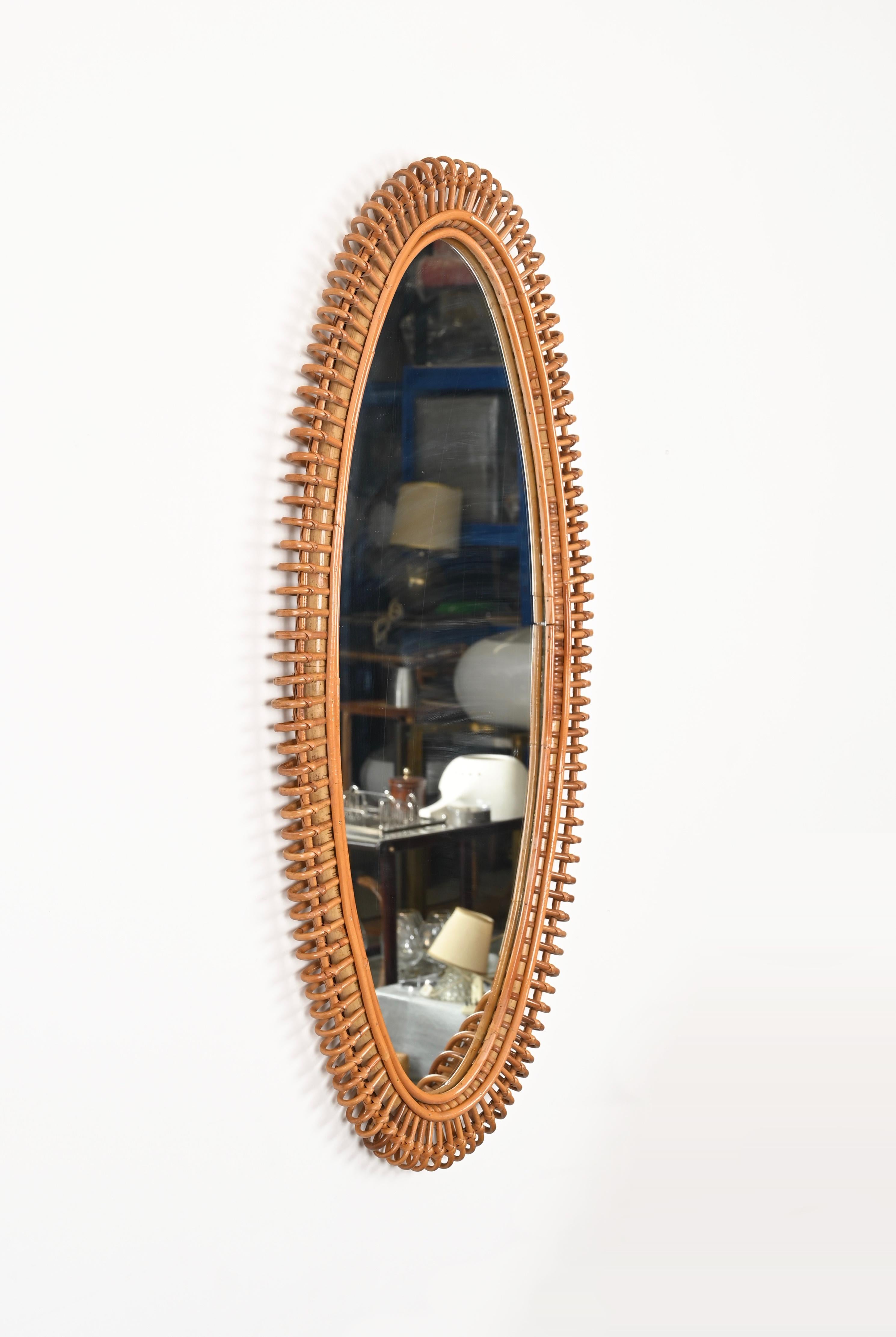 Hand-Crafted French Riviera Large Mirror by J. Abraham in Rattan, Wicker and Bamboo, '50s For Sale
