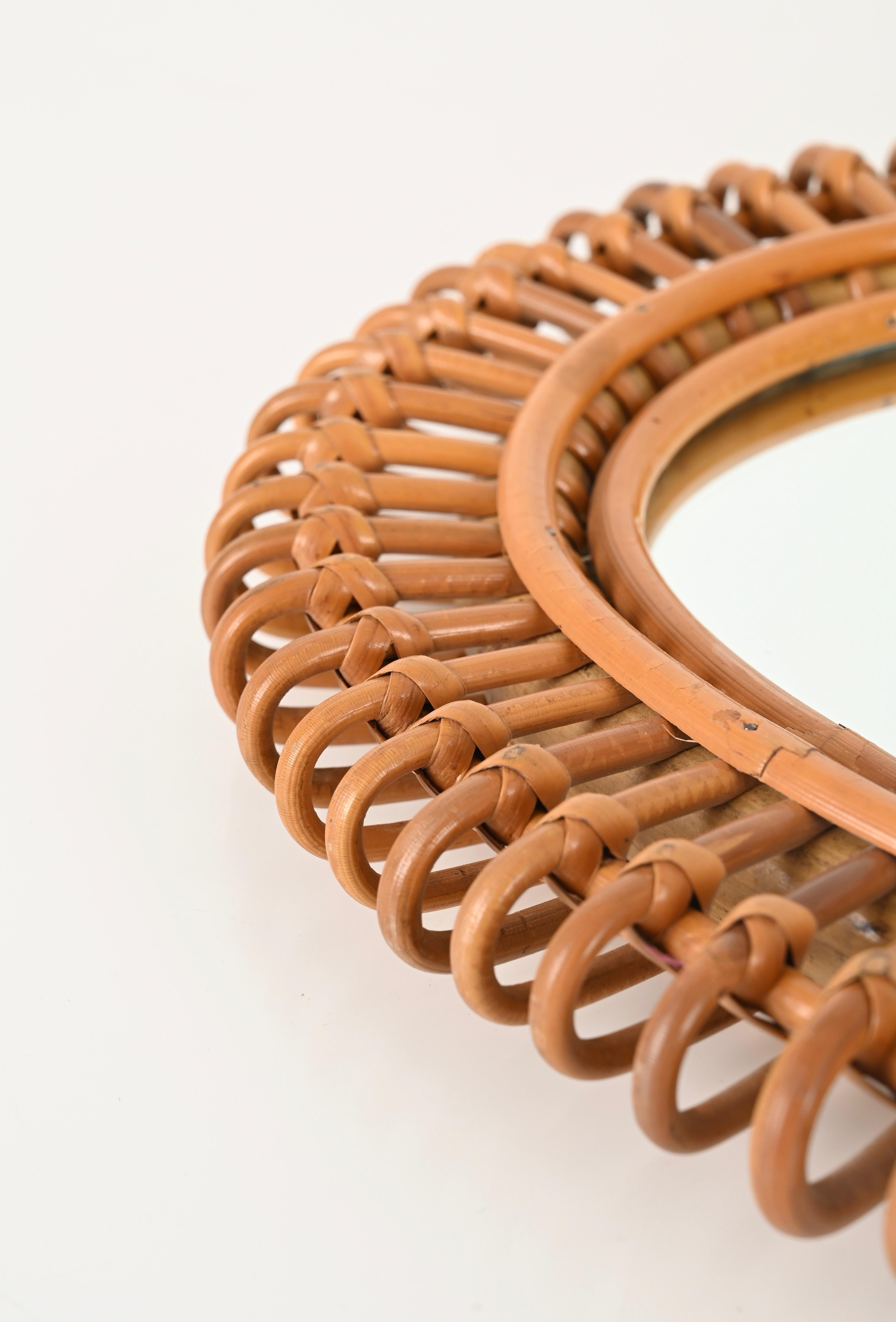French Riviera Large Mirror by J. Abraham in Rattan, Wicker and Bamboo, '50s In Good Condition For Sale In Roma, IT