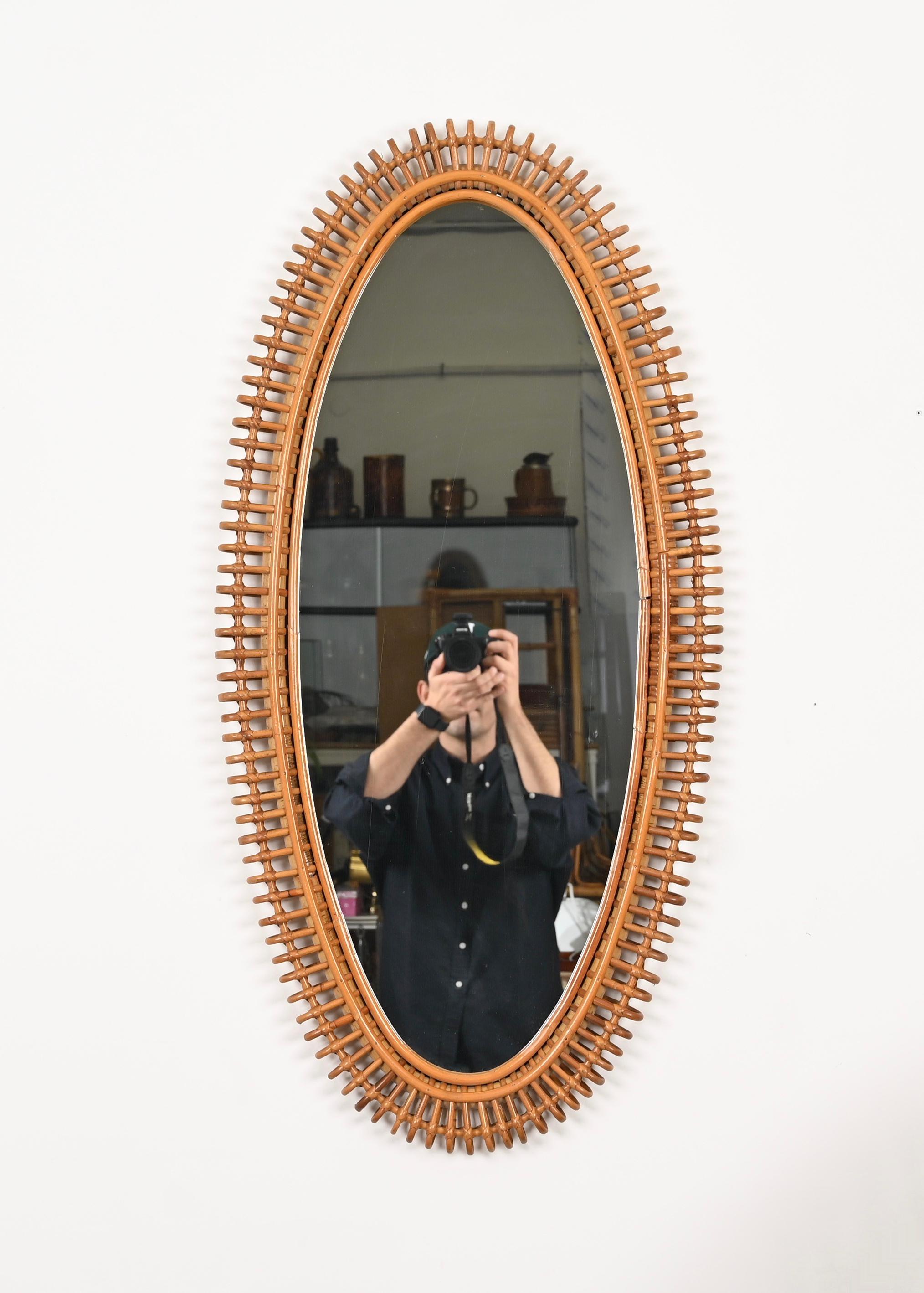 20th Century French Riviera Large Mirror by J. Abraham in Rattan, Wicker and Bamboo, '50s For Sale