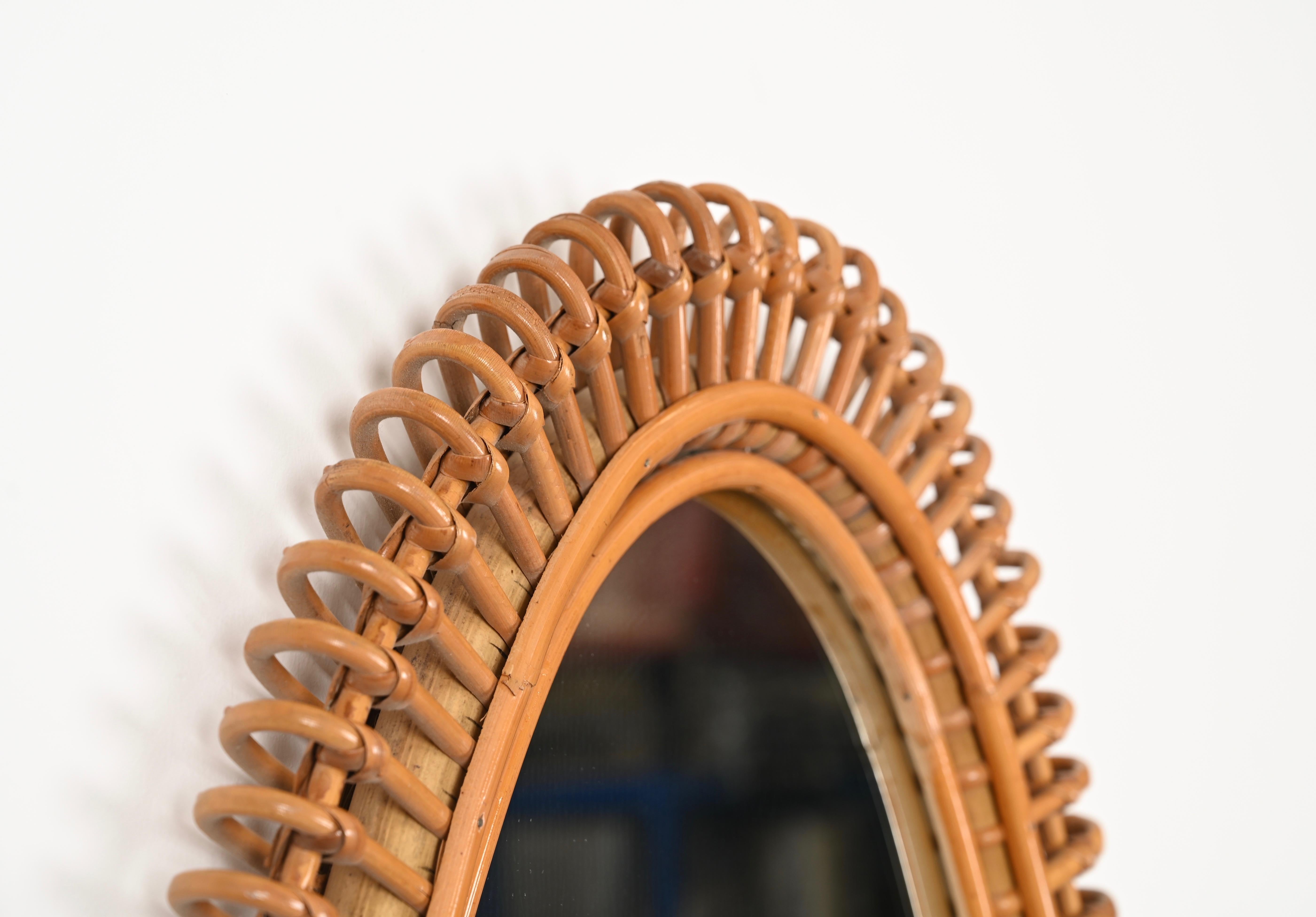 French Riviera Large Mirror by J. Abraham in Rattan, Wicker and Bamboo, '50s For Sale 1