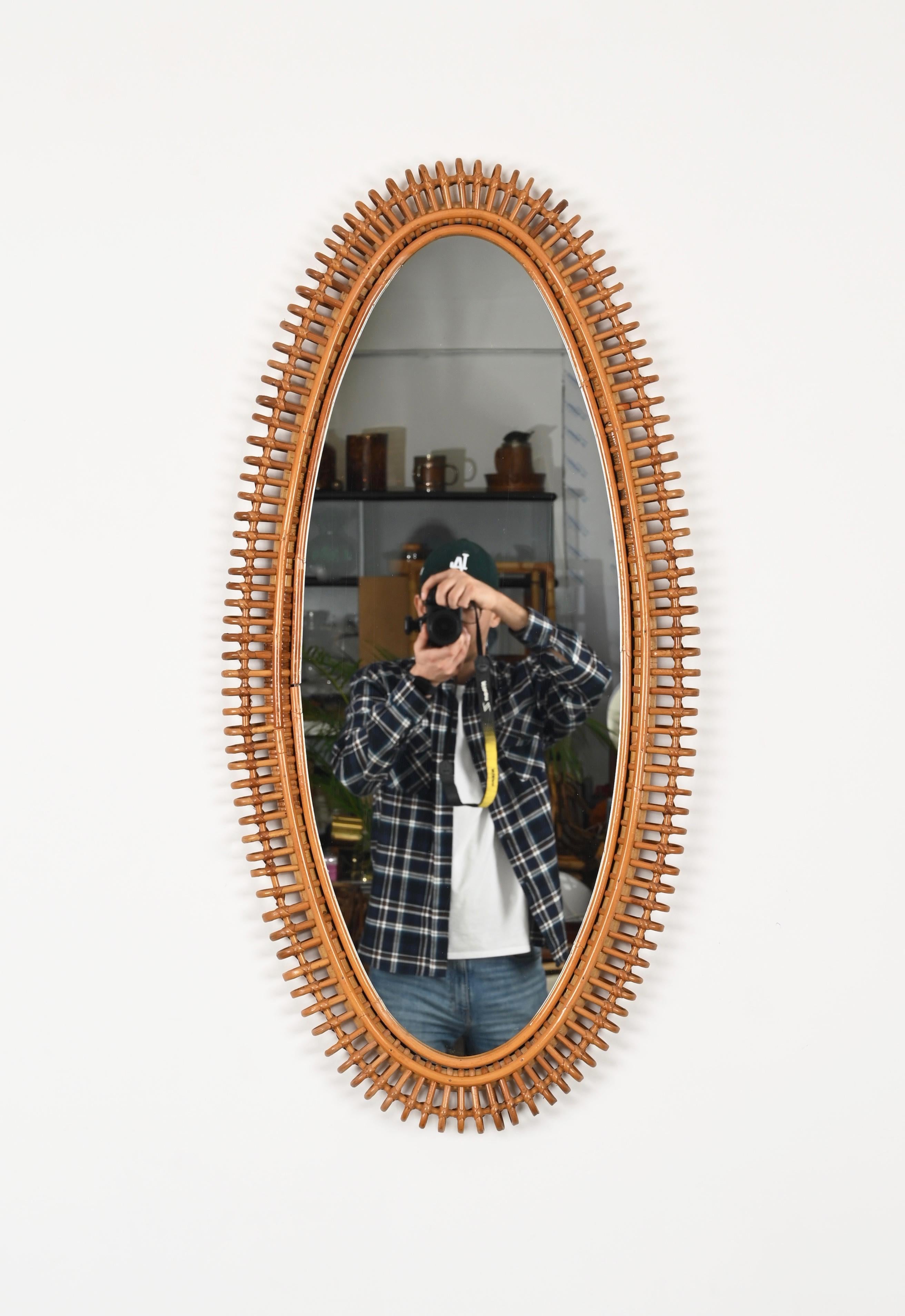 French Riviera Large Mirror by J. Abraham in Rattan, Wicker and Bamboo, '50s For Sale 3