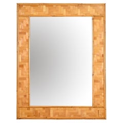 French Riviera Large Rectangular Mirror in Bamboo and Woven Rattan, Italy, 1960s