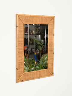 French Riviera Large Rectangular Mirror in Bamboo and Woven Rattan, Italy 1970s