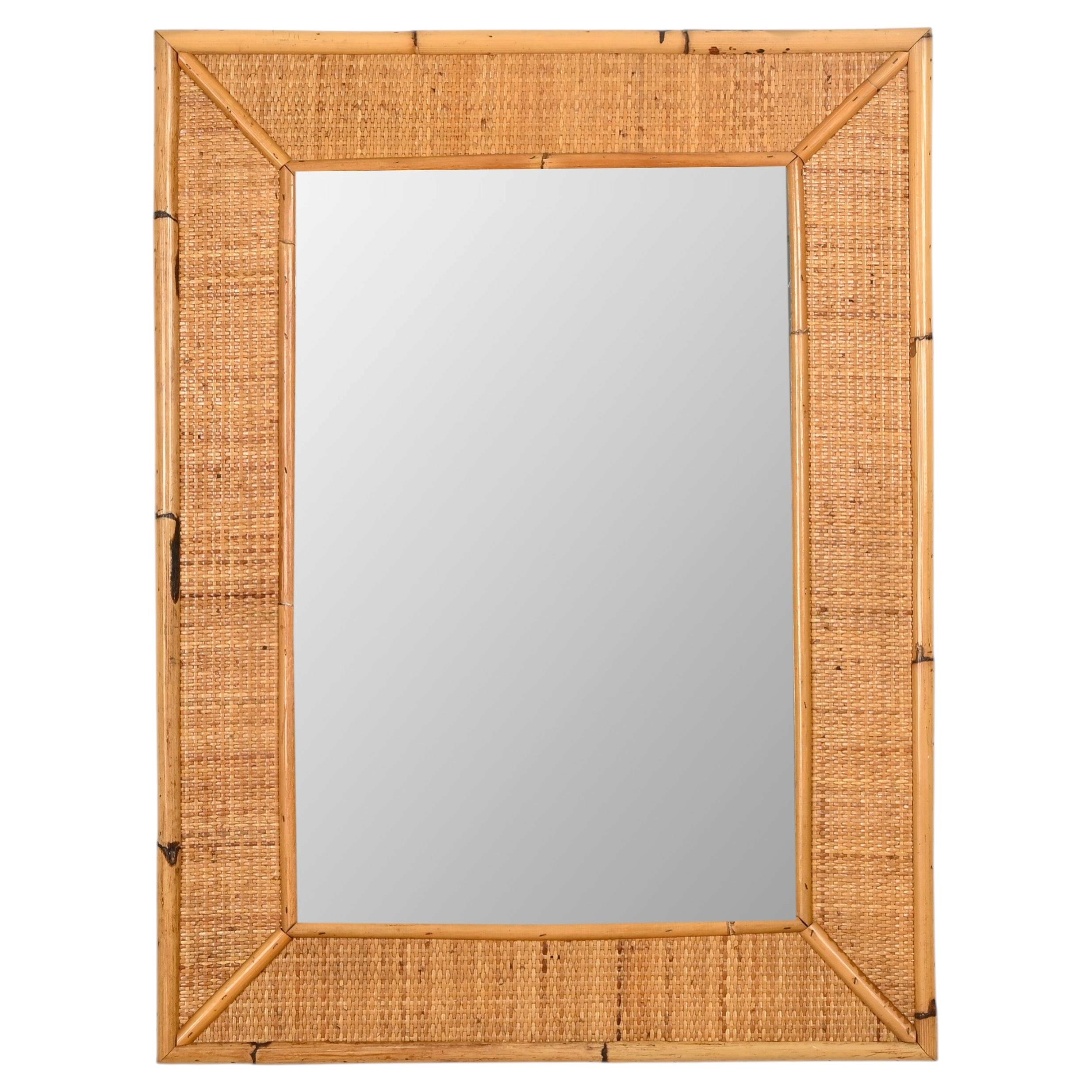 French Riviera Large Rectangular Mirror in Bamboo and Woven Rattan, Italy 1970s