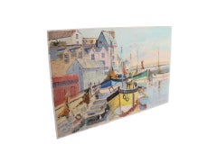 Mid-century Acrylic Painting of French Riviera Harbour Scene