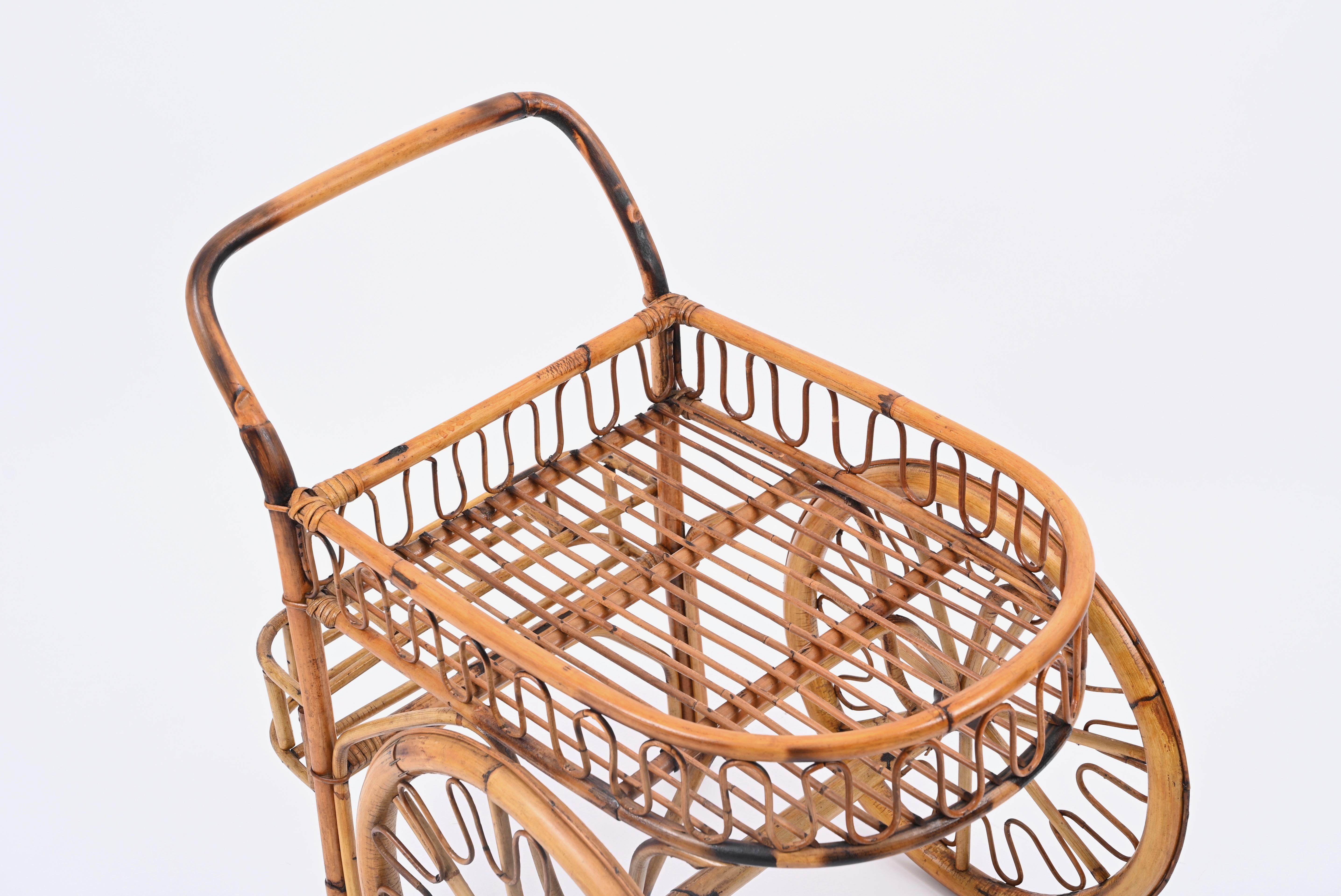 French Riviera Mid-Century Bar Cart in Rattan, Bamboo and Wicker, France 1950s For Sale 6