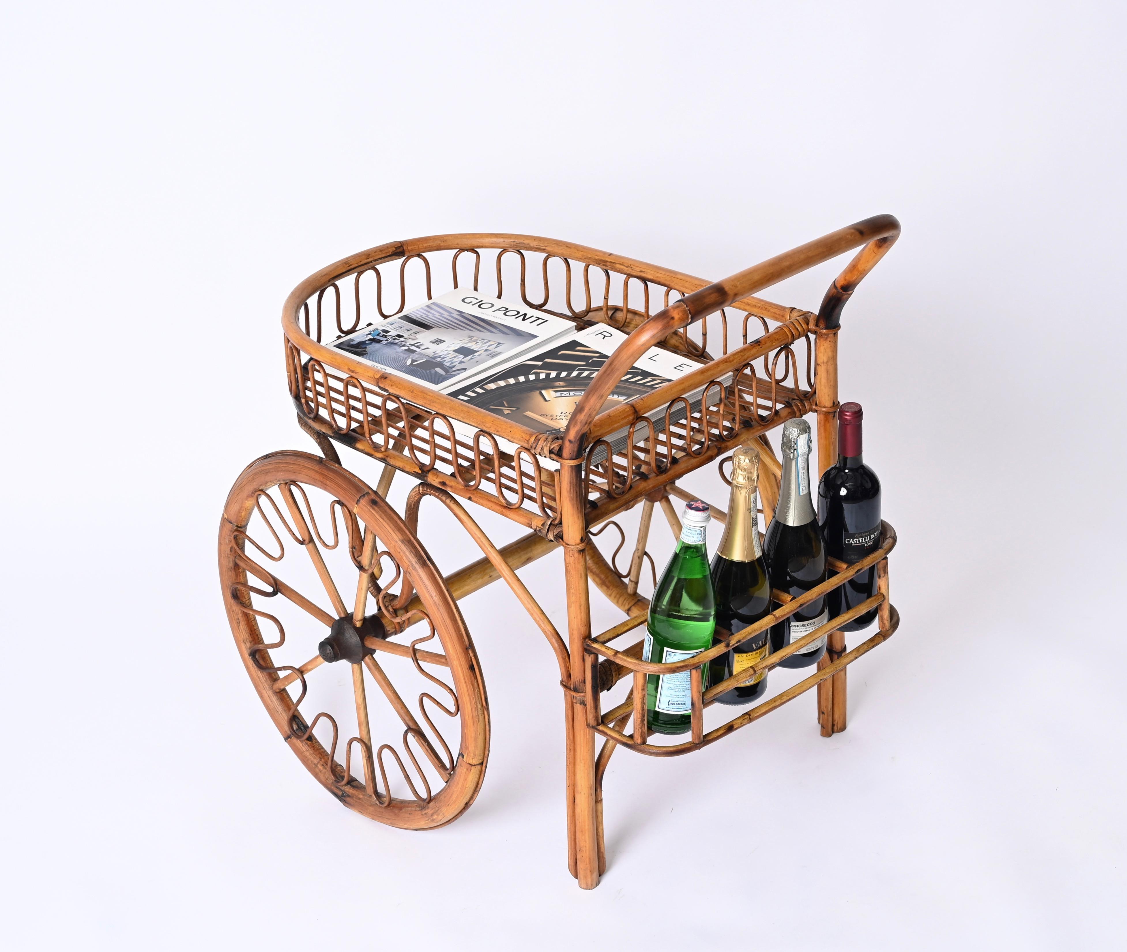 French Riviera Mid-Century Bar Cart in Rattan, Bamboo and Wicker, France 1950s For Sale 11