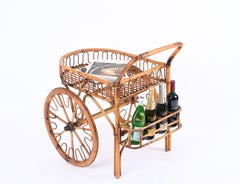 French Riviera Mid-Century Bar Cart in Rattan, Bamboo and Wicker, France 1950s