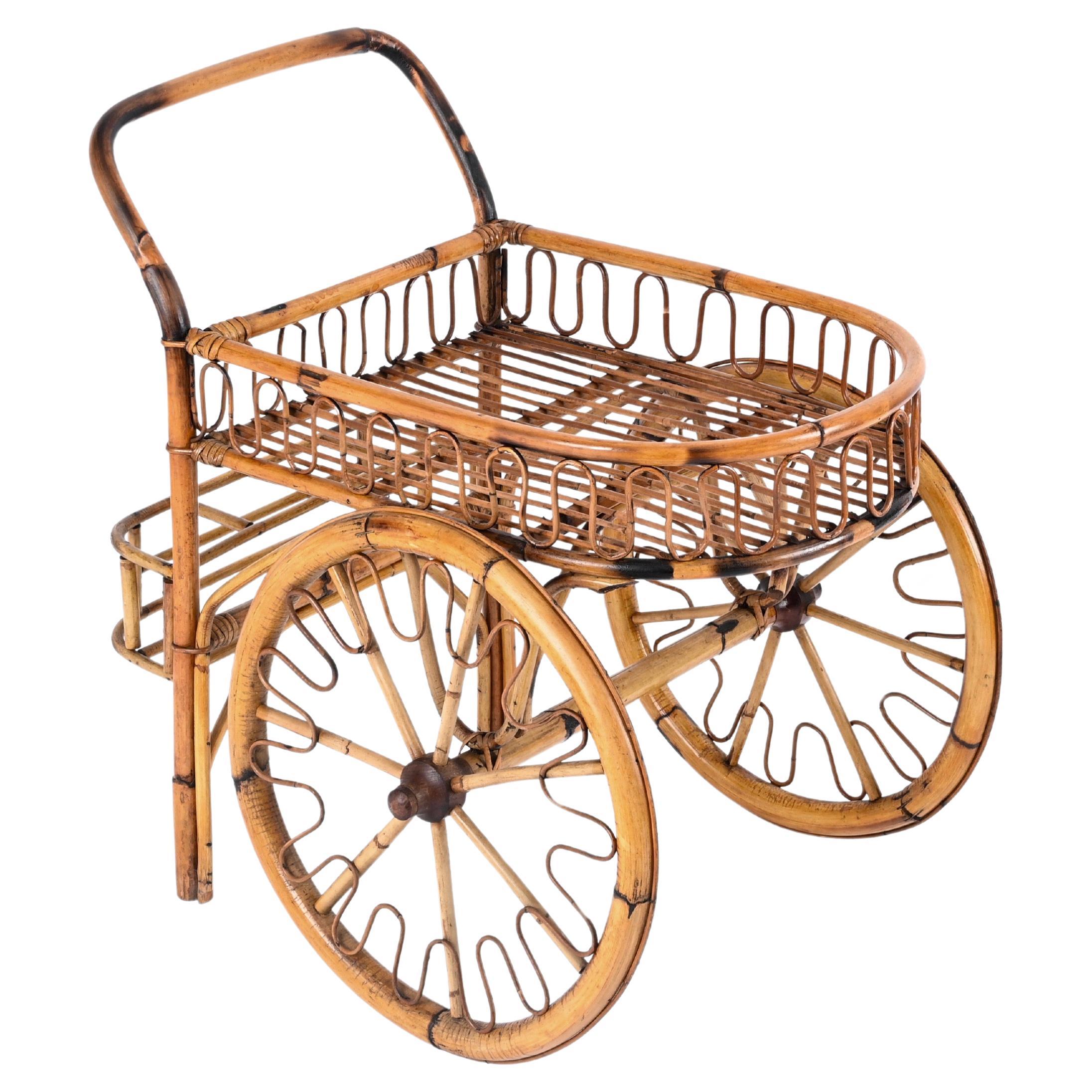 French Riviera Mid-Century Bar Cart in Rattan, Bamboo and Wicker, France 1950s For Sale
