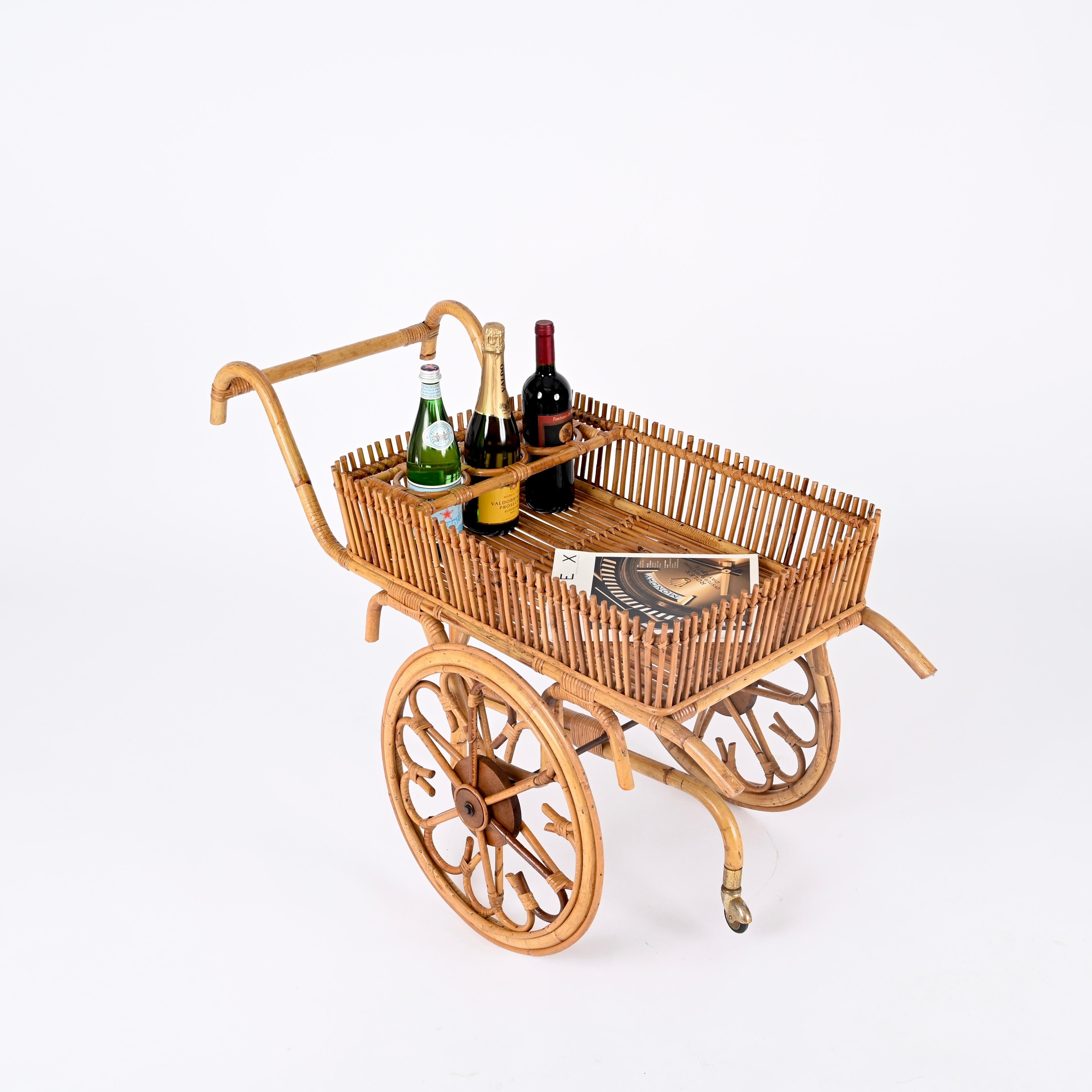 French Riviera Mid-Century Bar Cart in Rattan, Bamboo and Wicker, Italy 1960s For Sale 1
