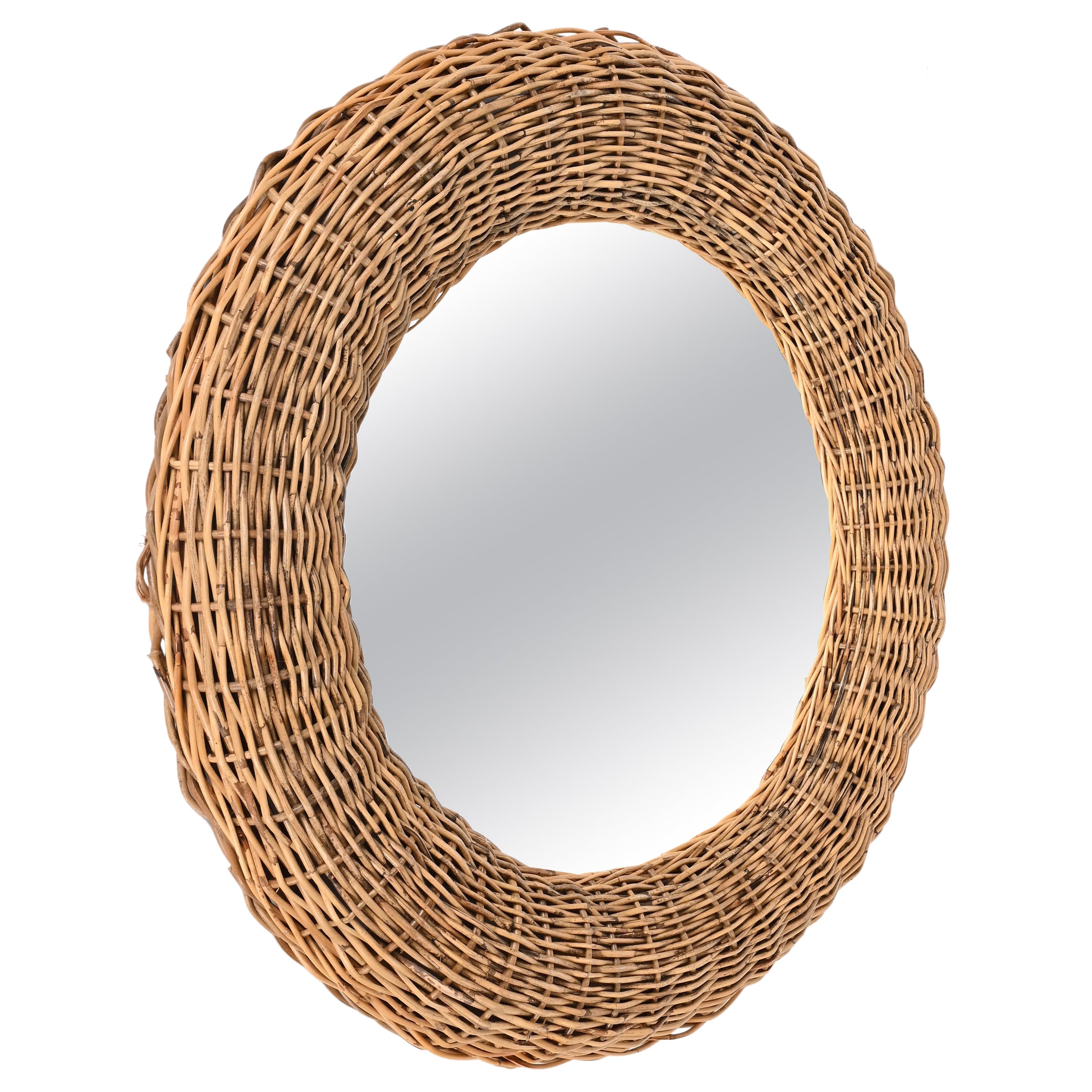 French Riviera Mid-Century Modern Wicker Rattan Round Italian Wall Mirror, 1970s