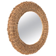 French Riviera Mid-Century Modern Wicker Rattan Round Italian Wall Mirror, 1970s