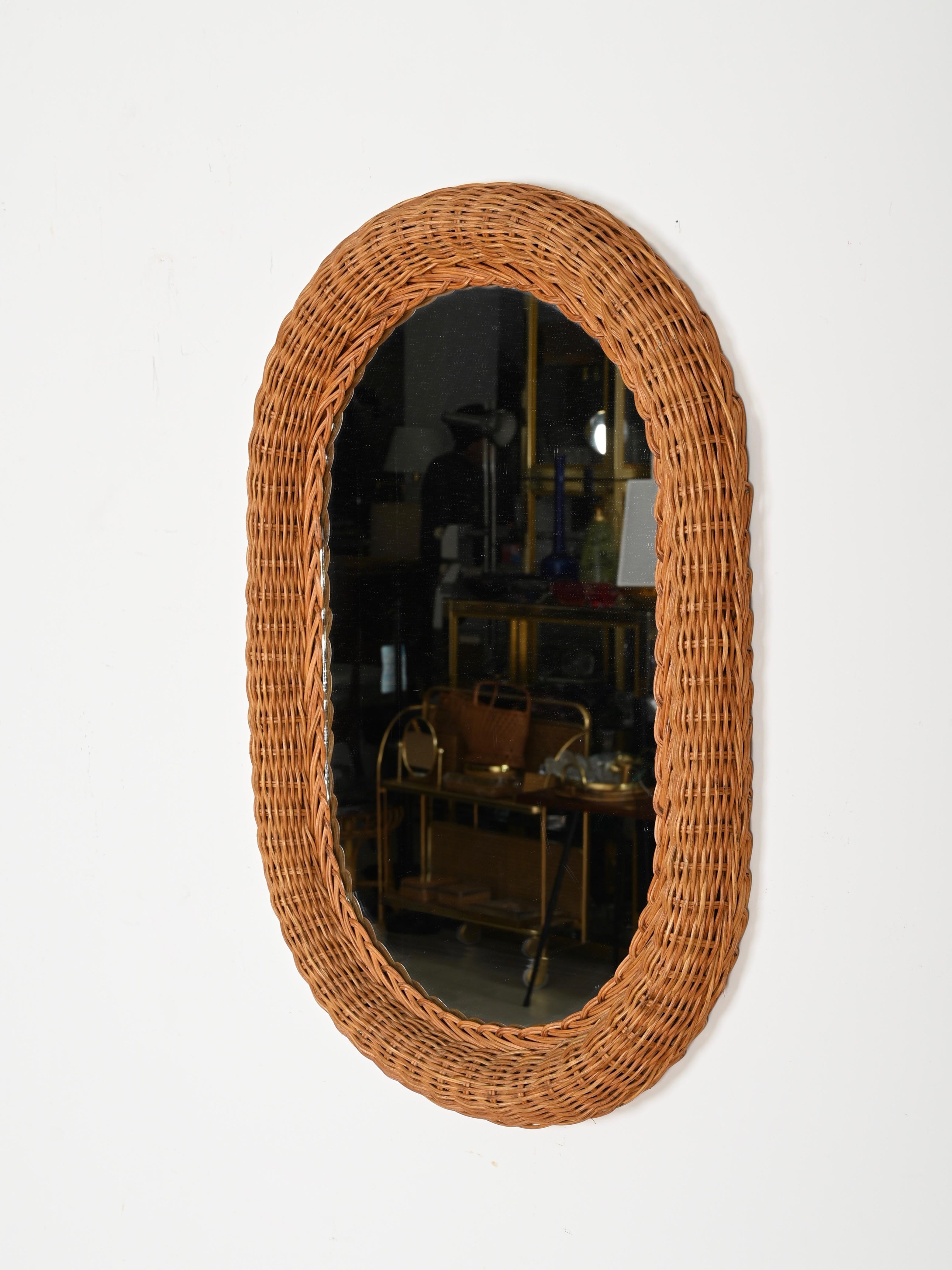French Riviera Mid-Century Oval Mirror in Woven Rattan Wicker, Italy 1970s For Sale 3