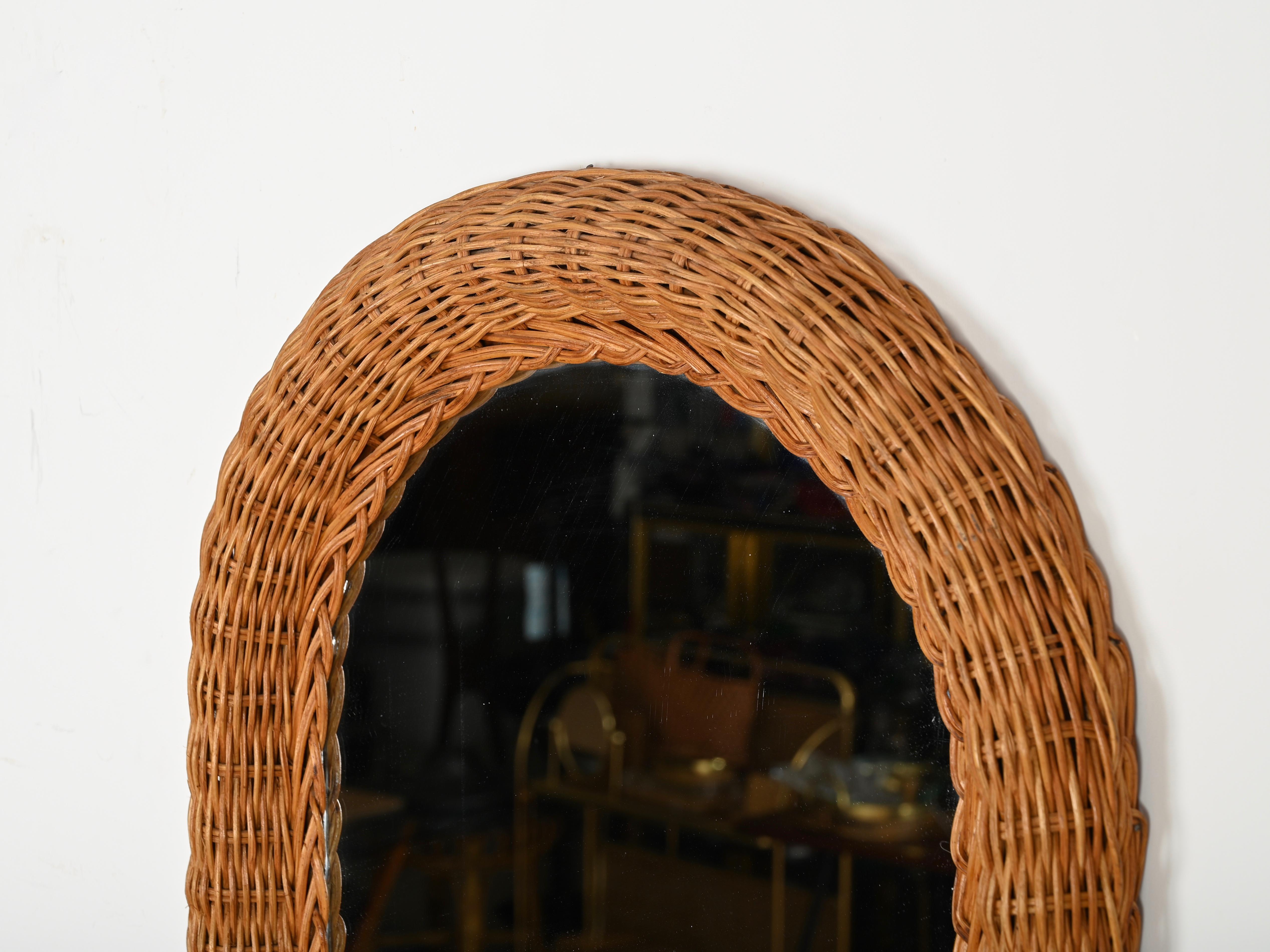 French Riviera Mid-Century Oval Mirror in Woven Rattan Wicker, Italy 1970s For Sale 4